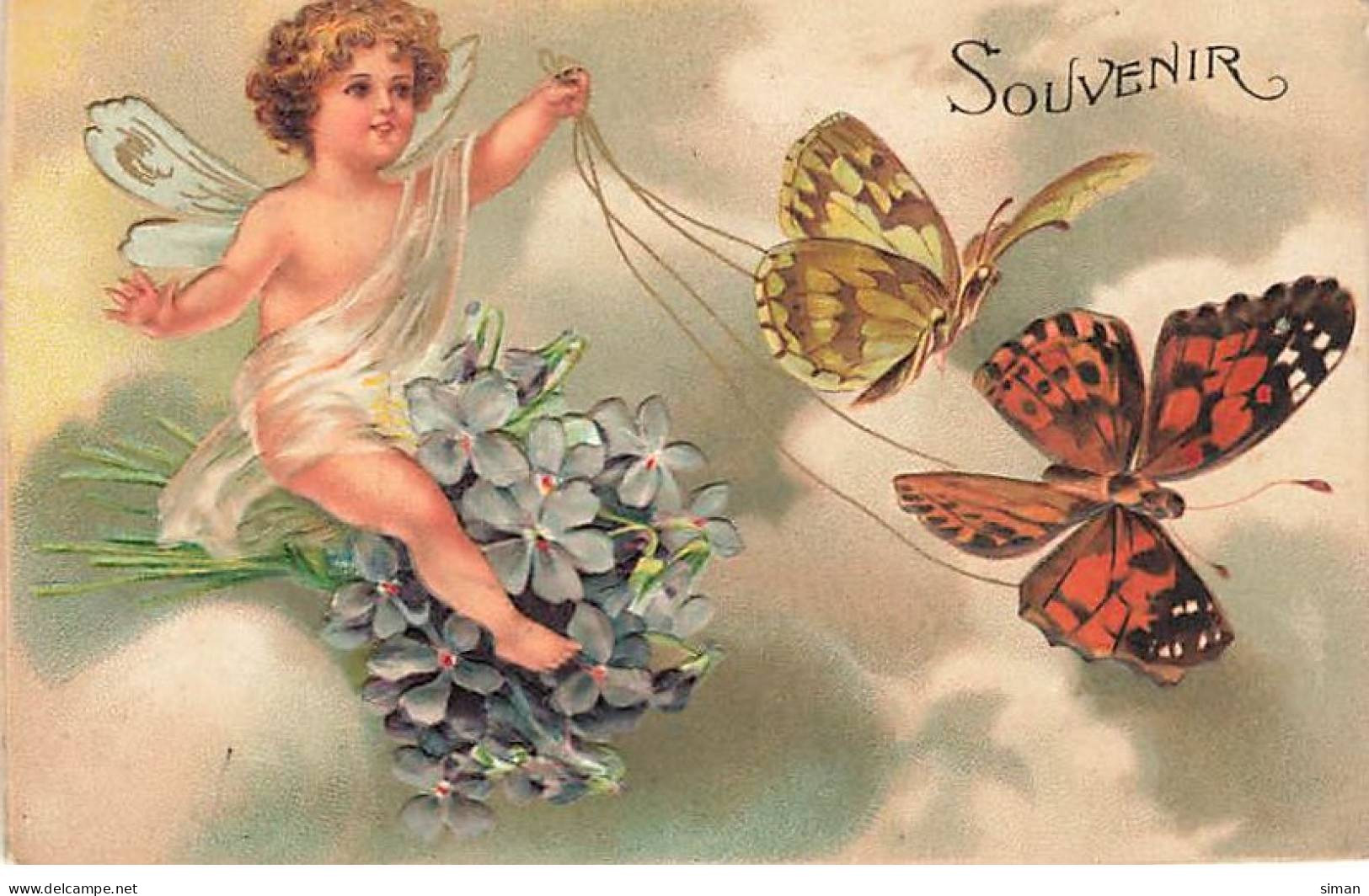 N°23797 - Carte Gaufrée - Clapsaddle - Souvenir - Ange Sur Un Bouquet De Violettes, Tiré Par Des Papillons - Sonstige & Ohne Zuordnung