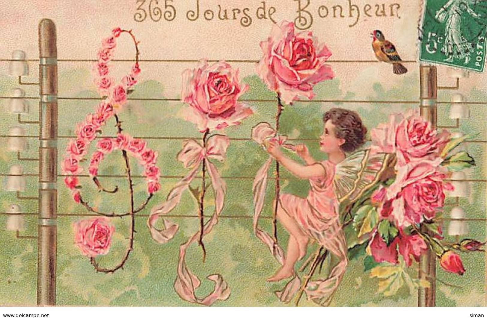 N°23798 - Carte Gaufrée - 365 Jours De Bonheur - Ange Avec Des Ailes D'elfe, Accrochant Des Roses Sur Une Portée - Sonstige & Ohne Zuordnung