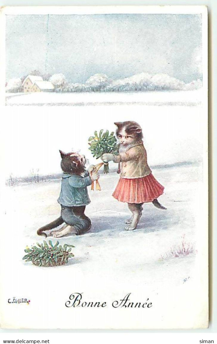 N°22768 - Fantaisie - C. Öhler - Bonne Année - Chats Habillés, L'un Offrant Un Bouquet De Gui à Un Autre - Animales Vestidos