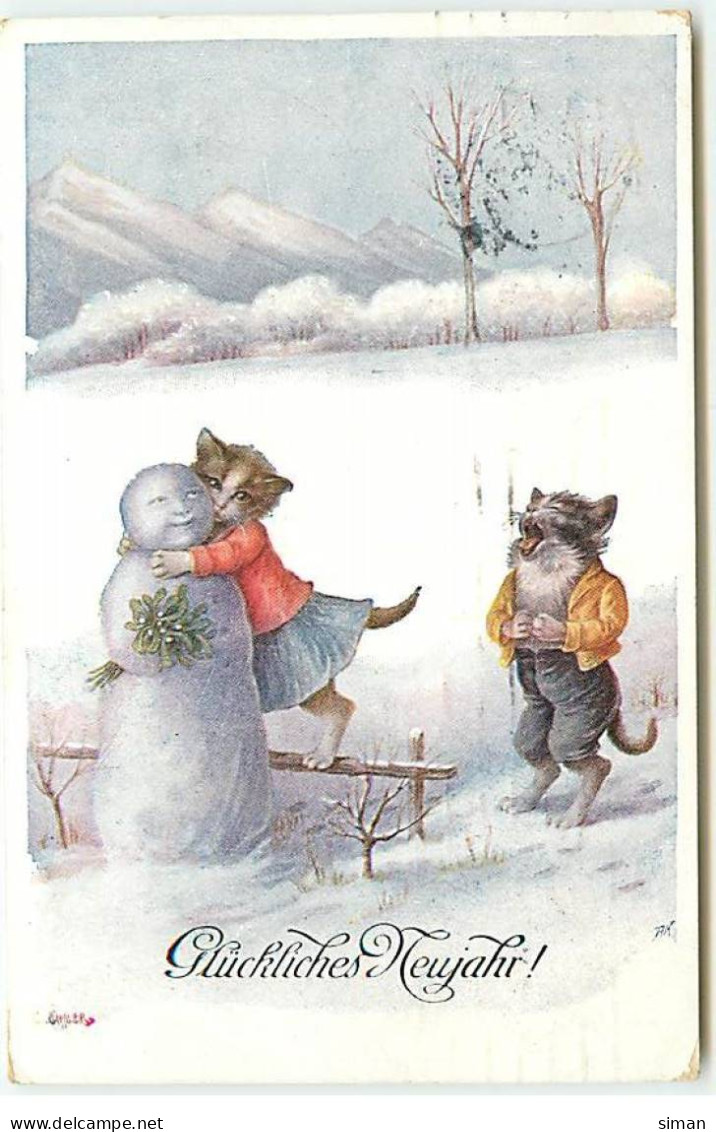 N°22766 - Fantaisie - C. Öhler - Glückliches Neujahr - Chats Habillés, L'un Faisant Un Câlin à Un Bonhomme De Neige - Dressed Animals