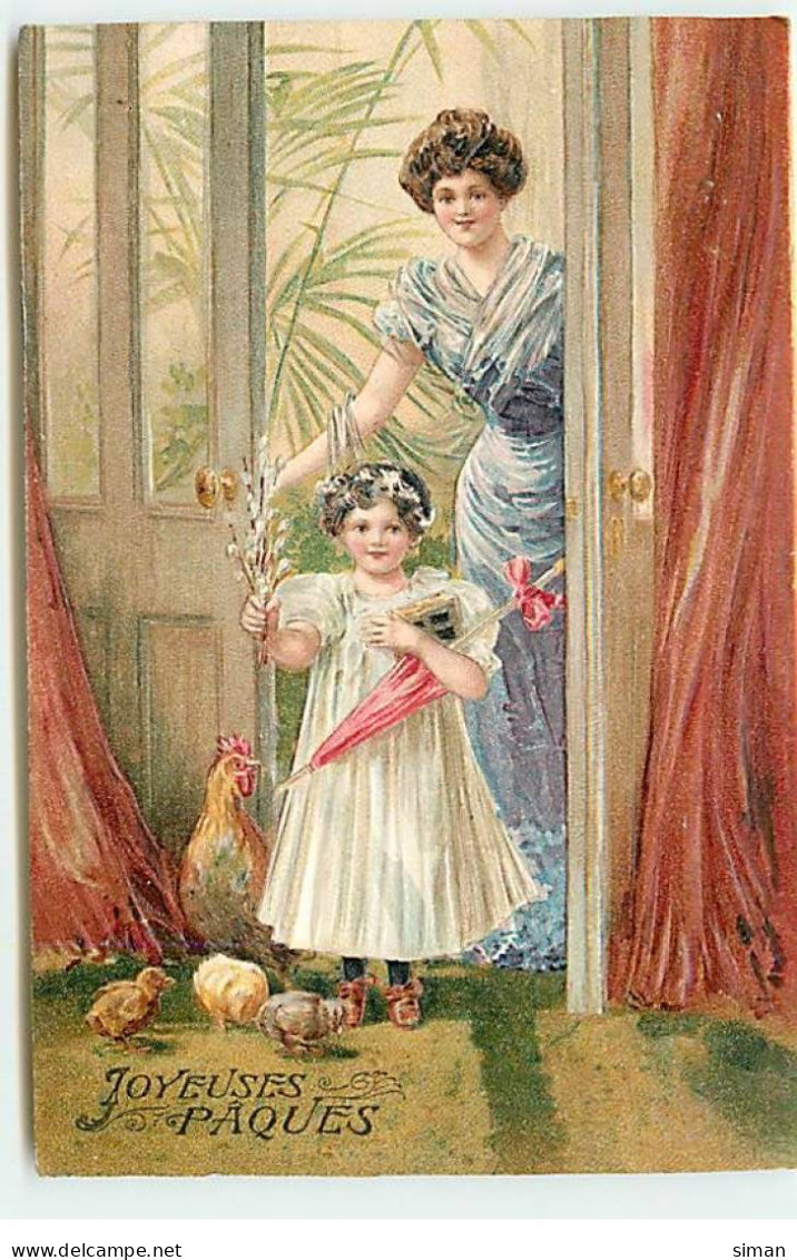 N°22781 - Carte Gaufrée - Joyeuses Pâques - Une Fillette Et Sa Maman Près D'une Poule Et Ses Poussins - Pâques