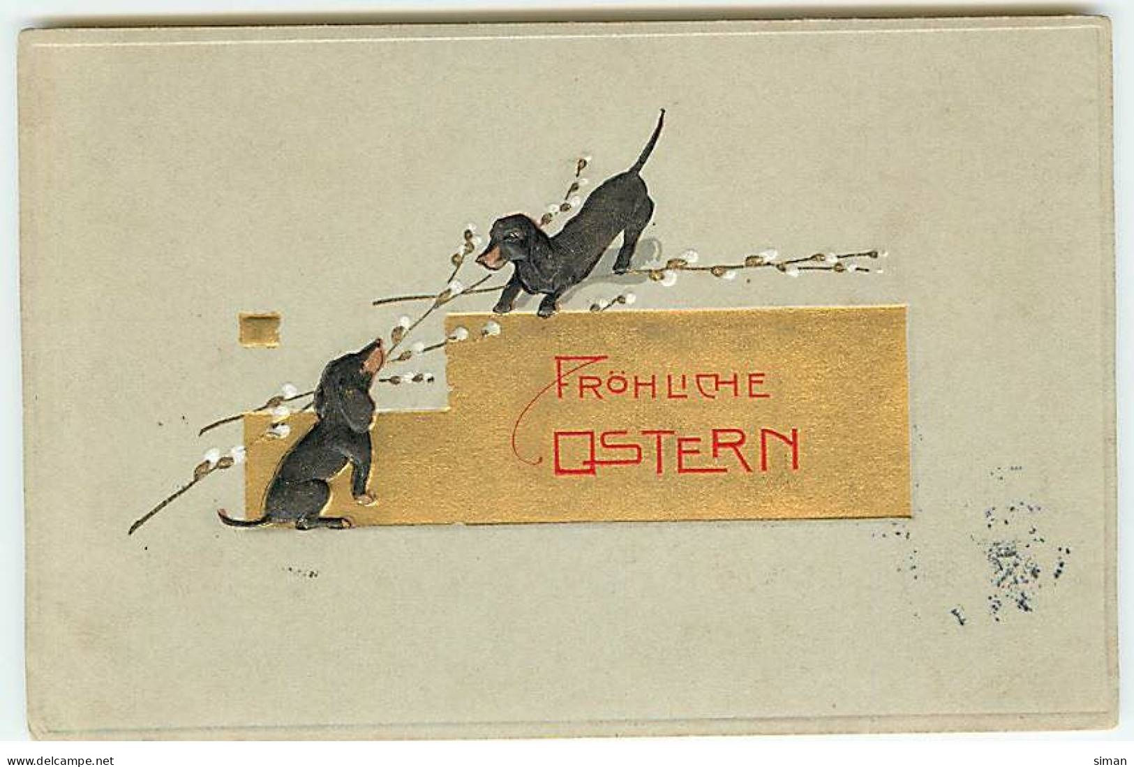 N°22715 - Carte Gaufrée - Pâques - Fröhliche Ostern - Teckels Jouant Avec Des Fleurs De Coton - Pâques