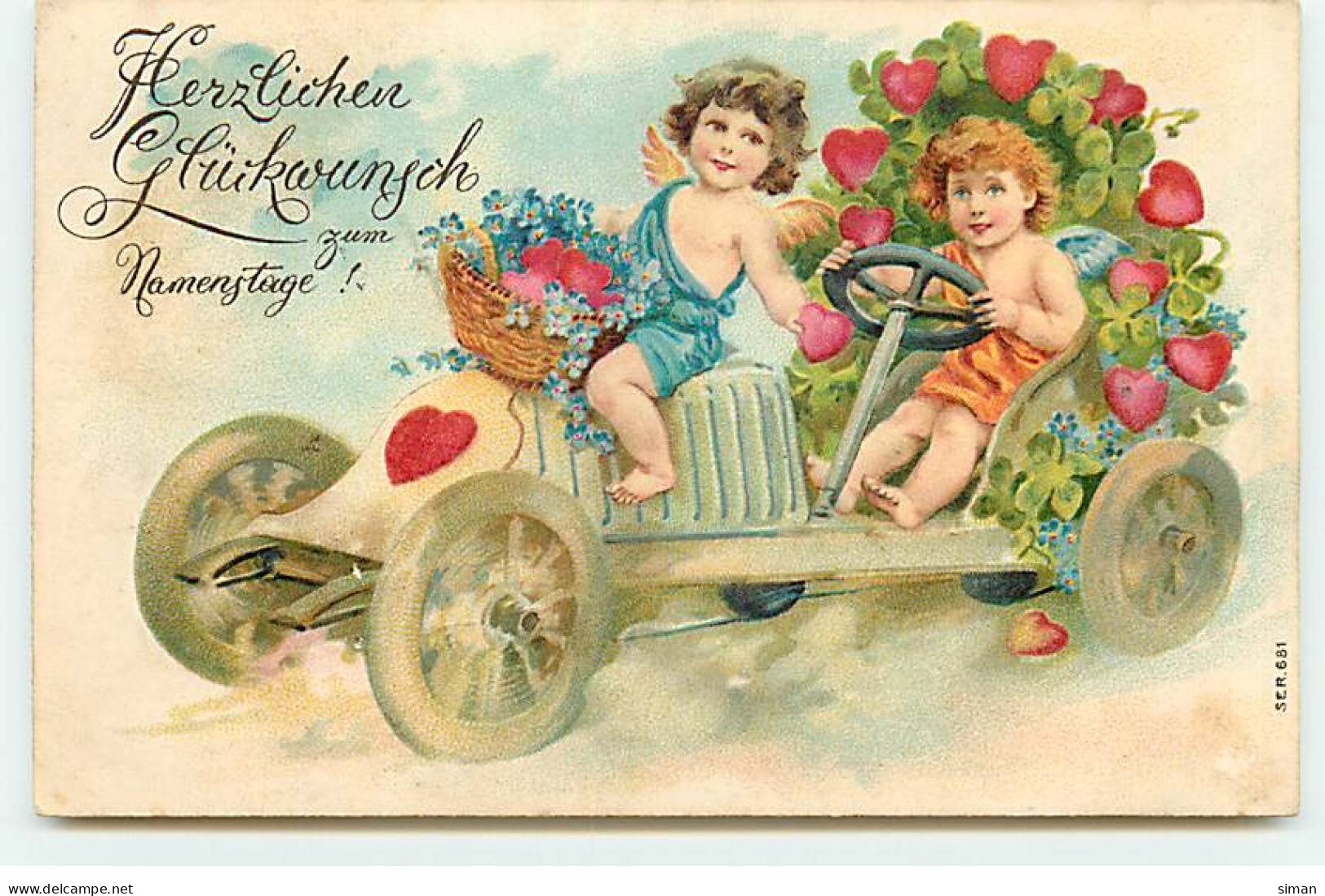 N°22736 - Carte Gaufrée - Deux Anges Au Volant D'une Voiture Décorée De Coeur  - Birthday