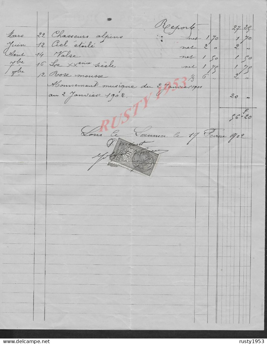 FACTURE ILLUSTRÉE SUR TIMBRE FISCAUX FOLY & VINCENDON PIANO & ORGUE À LONS LE SAULNIER 1902 : - 1900 – 1949