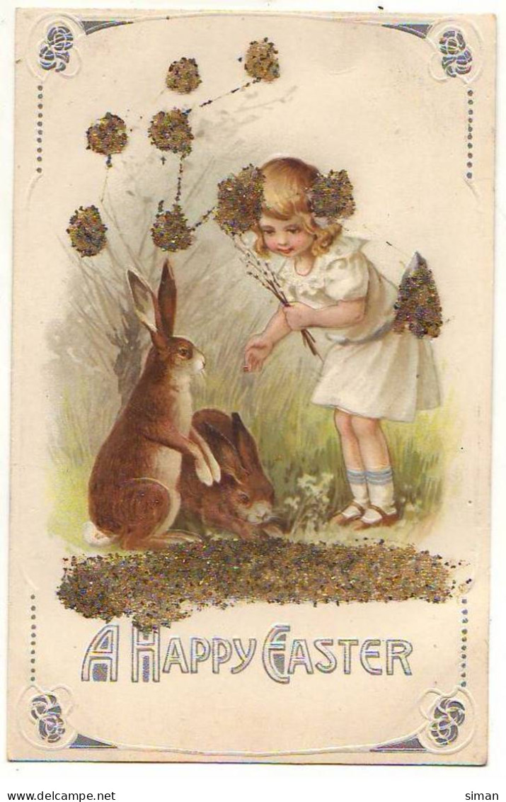 N°21558 - Carte Gaufrée - A Happy Easter - Fillette Près De Lièvres - Carte à Paillettes - Pâques