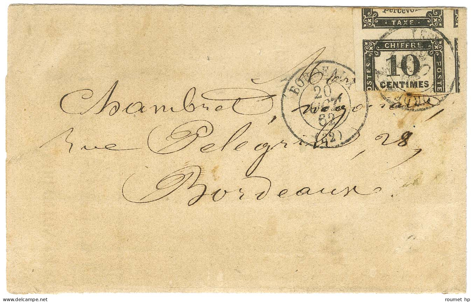 Càd T 15 BORDEAUX (32) / Taxe N° 2 Avec Découpe Frauduleuse Sur 2 Timbres Sur Lettre Locale. 1862. Rare Fraude De Postie - 1859-1959 Lettres & Documents