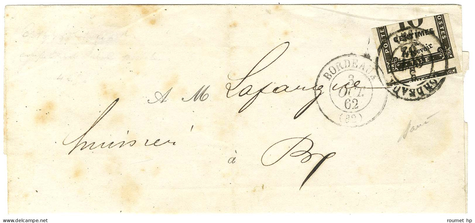 Càd T 15 BORDEAUX (32) / Taxe N° 2 Coupé Pour Fraude De Postier Sur Lettre Locale. 1862. - TB. - R. - 1859-1959 Cartas & Documentos