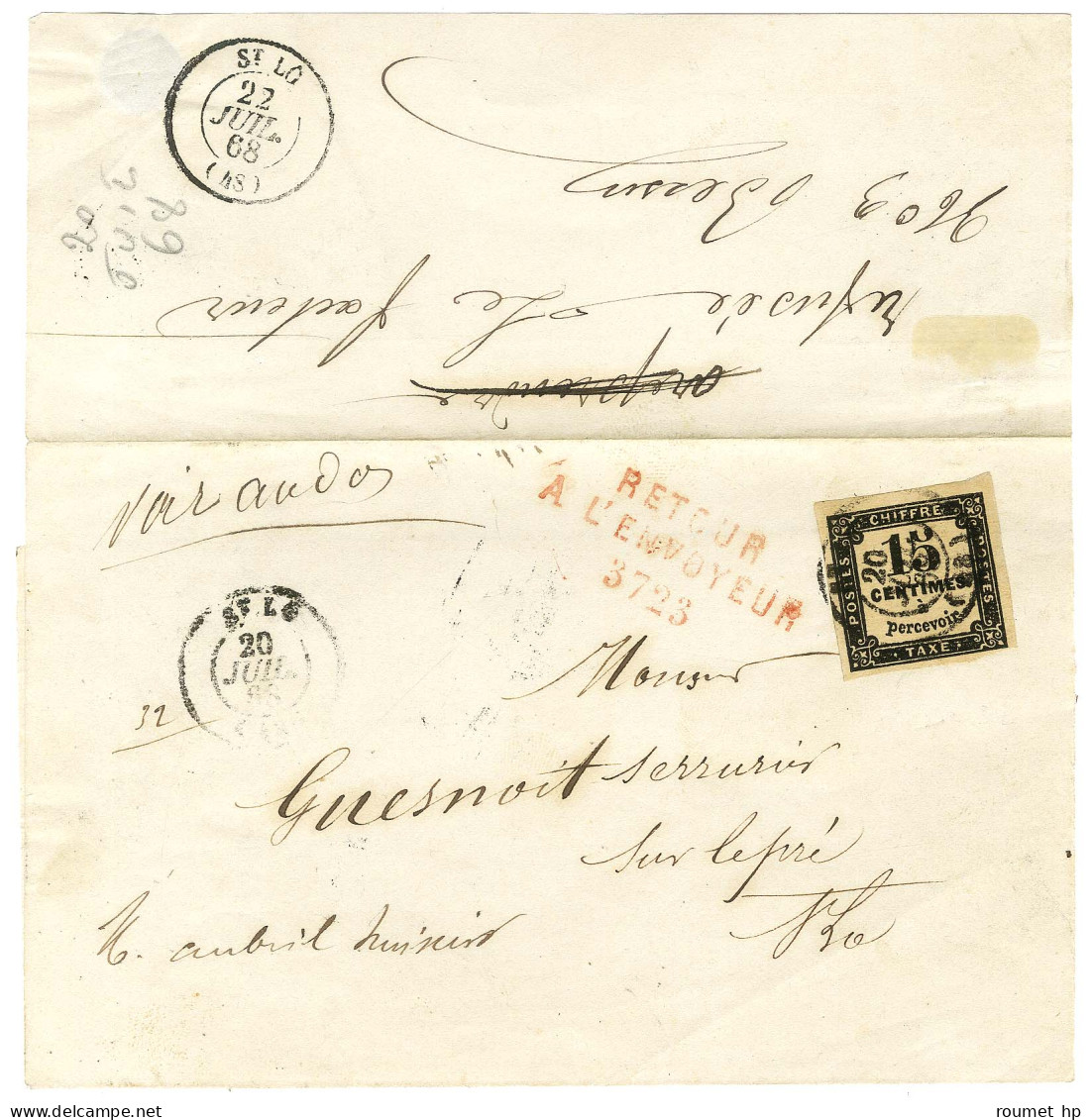 Càd T 15 ST LO (48) / Taxe N° 3 Sur Lettre Locale. Au Recto, Griffe Rouge RETOUR / A L'ENVOYEUR / 3723. 1868. - TB / SUP - 1859-1959 Cartas & Documentos