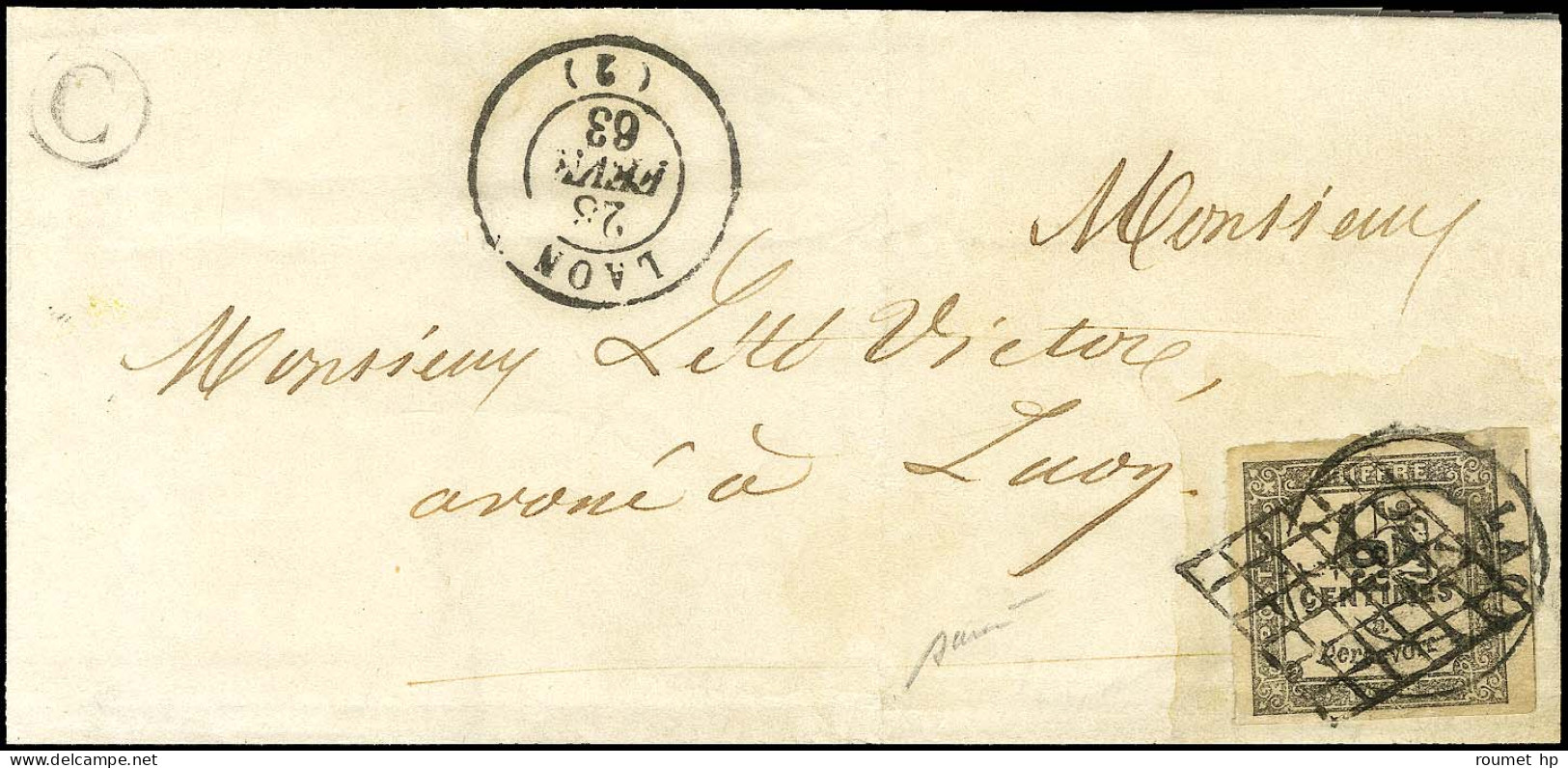 Grille + Càd T 15 LAON (2) / Taxe N° 3 Superbes Marges Sur Lettre Locale. 1863. Très Rare Association De La Grille Et Du - 1859-1959 Briefe & Dokumente