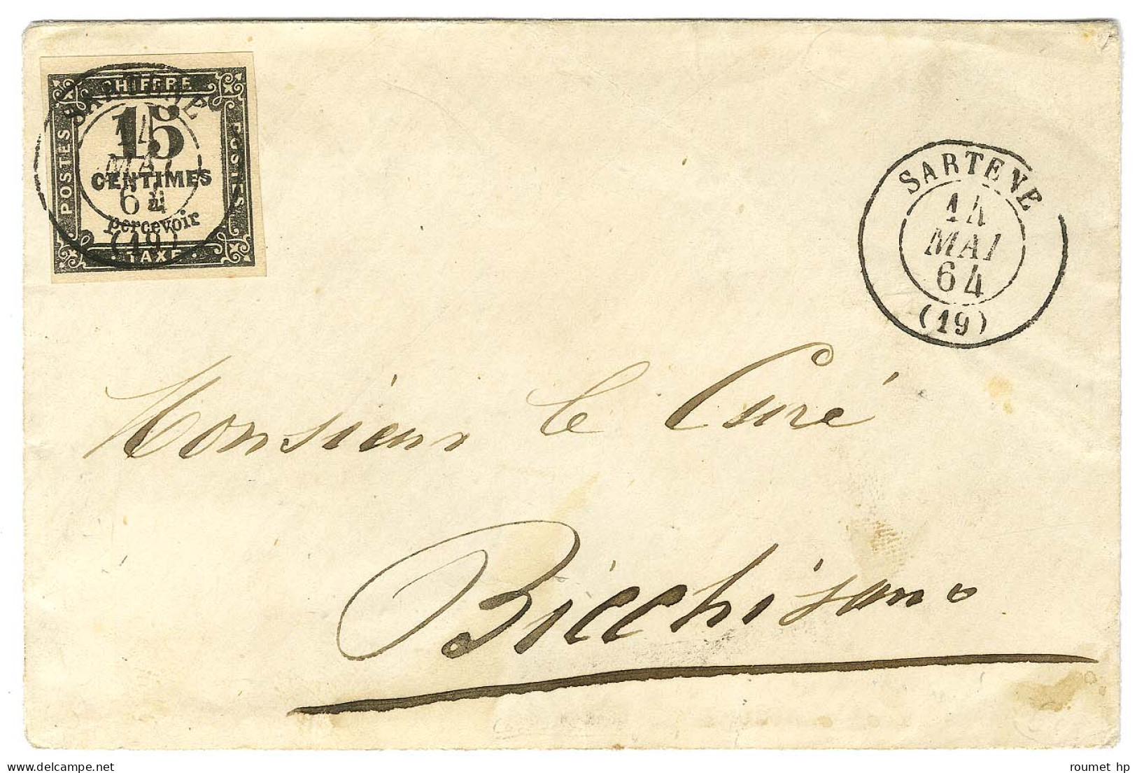 Càd T 15 SARTENE / Taxe N° 3 Sur Lettre Locale Pour Bicchisano. Au Verso, Cachet Télégraphique Rouge De Sartène. 1864. - - 1859-1959 Covers & Documents