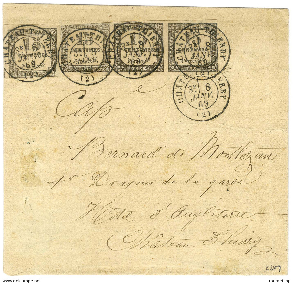 Càd T 17 CHATEAU-THIERRY (2) / Taxe N° 3 Gris Bande De 3 (1 Ex Def) + 1 Ex Sur Lettre 4 Ports Adressée Localement. 1869. - 1859-1959 Storia Postale