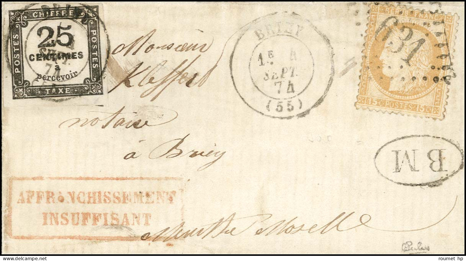 Càd T 17 BRIEY (55) / Timbre-taxe N° 5 B + GC 631 / N° 55 Et Cachet BM Sur Lettre Territoriale. 1874. - TB. - RR. - 1859-1959 Storia Postale