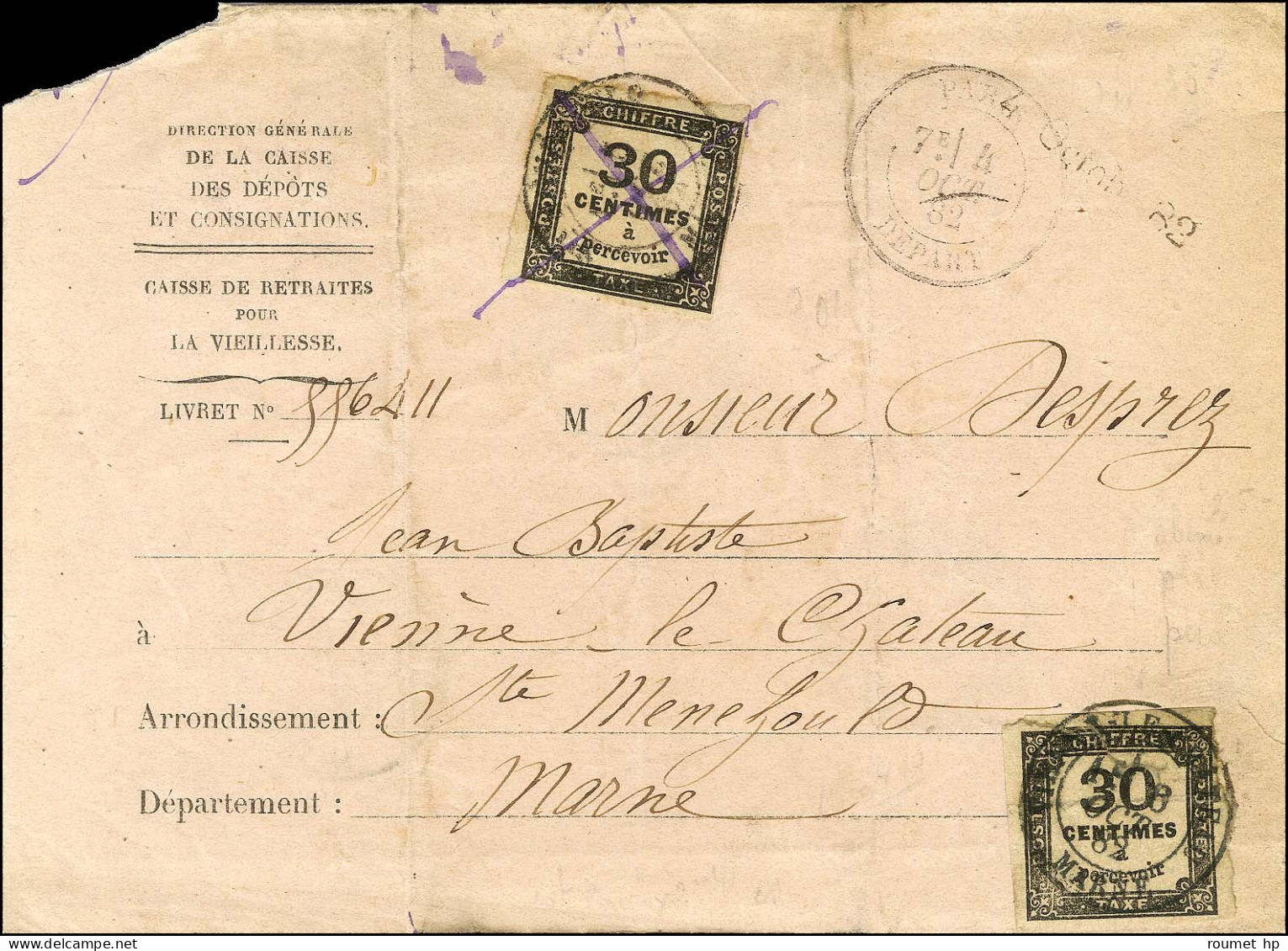 Càd T 18 VIENNE LE CHATEAU / MARNE / Taxe N° 6 (2) Sur Document De La Caisse Des Dépôts. 1882. - B / TB. - R. - 1859-1959 Covers & Documents