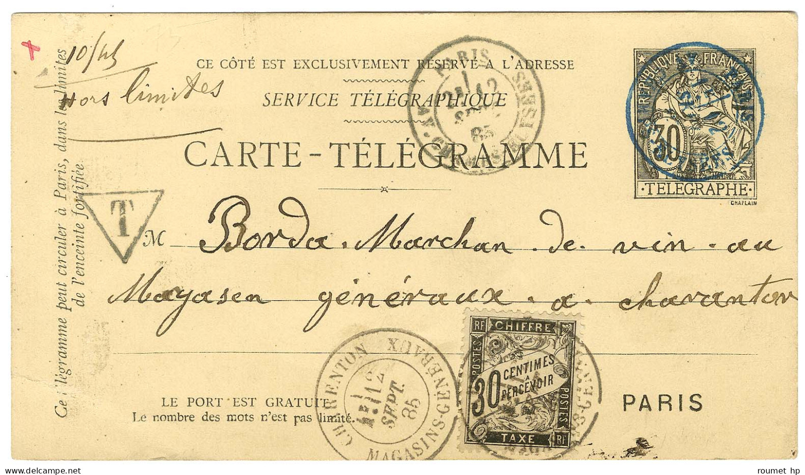 Càd Bleu PARIS / AV. CHAMPS ELYSEES Sur Carte Télégramme Chaplain 30c Pour Charenton. Au Recto, Càd CHARENTON / MAGASINS - 1859-1959 Brieven & Documenten