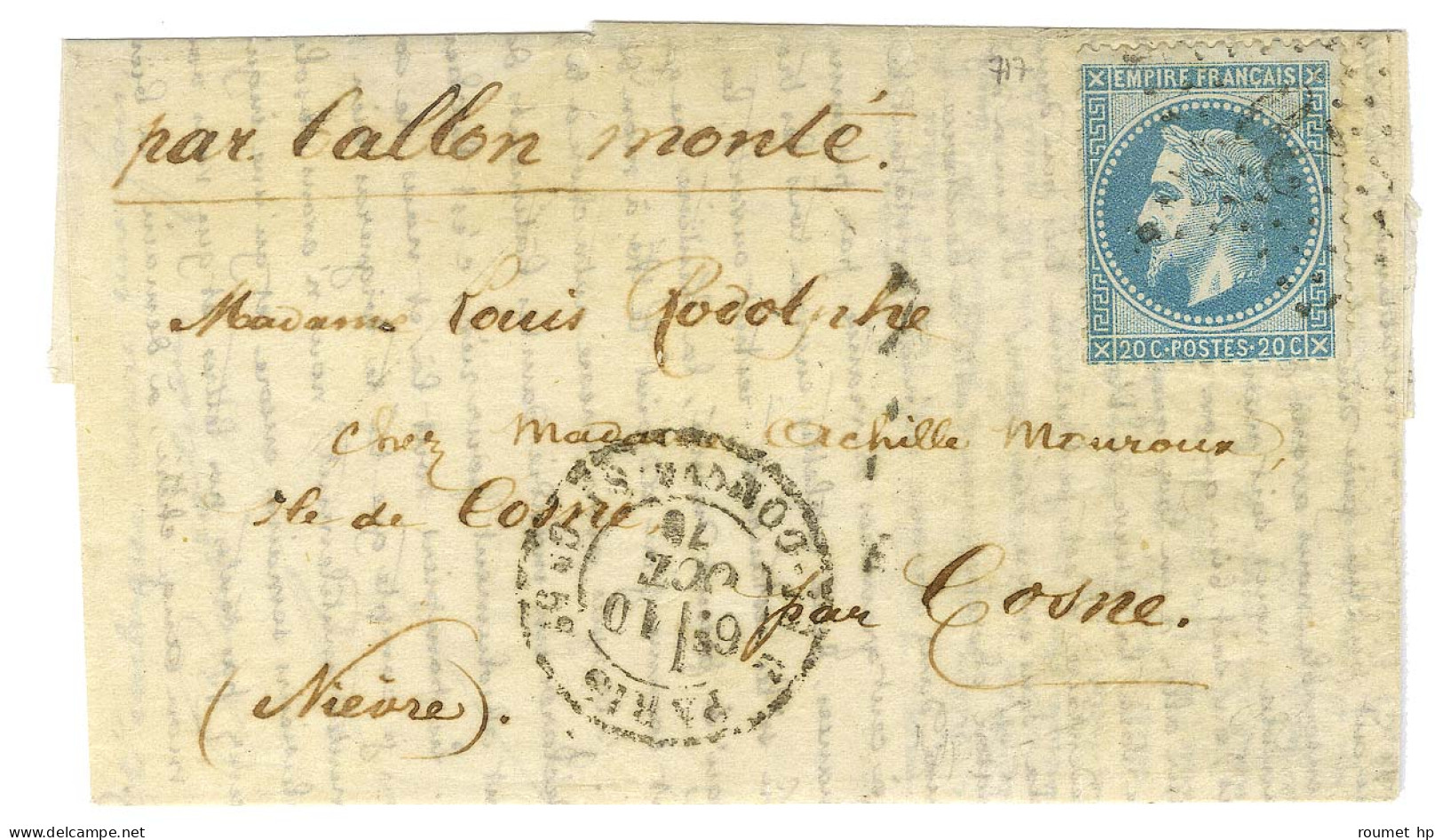 Etoile 20 / N° 29 Càd PARIS / R. S DOMque ST GN N° 53 10 OCT. 70 Sur Lettre Pour Cosne. Au Verso, Càd D'arrivée Illisibl - Guerre De 1870