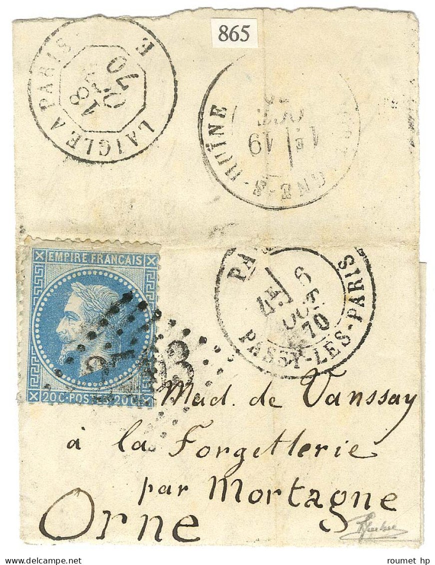 GC 2793 / N° 29 Càd PARIS / PASSY-LÈS-PARIS 6 OCT. 70 Sur Lettre Petit Format Pour Mortagne, Au Verso Càd LAIGLE A PARIS - Guerre De 1870