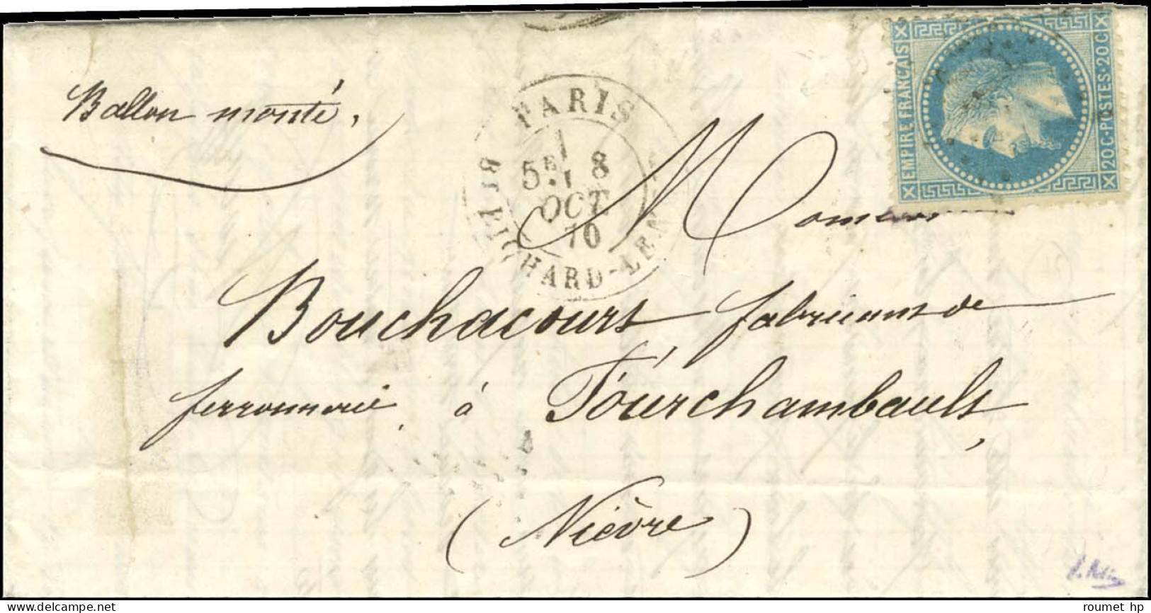 Etoile 19 / N° 29 Càd PARIS / BT RICHARD LENOIR (rare) 8 OCT. 70 Sur Lettre Pour Fourchambault. Au Verso, Càd De Passage - Guerre De 1870