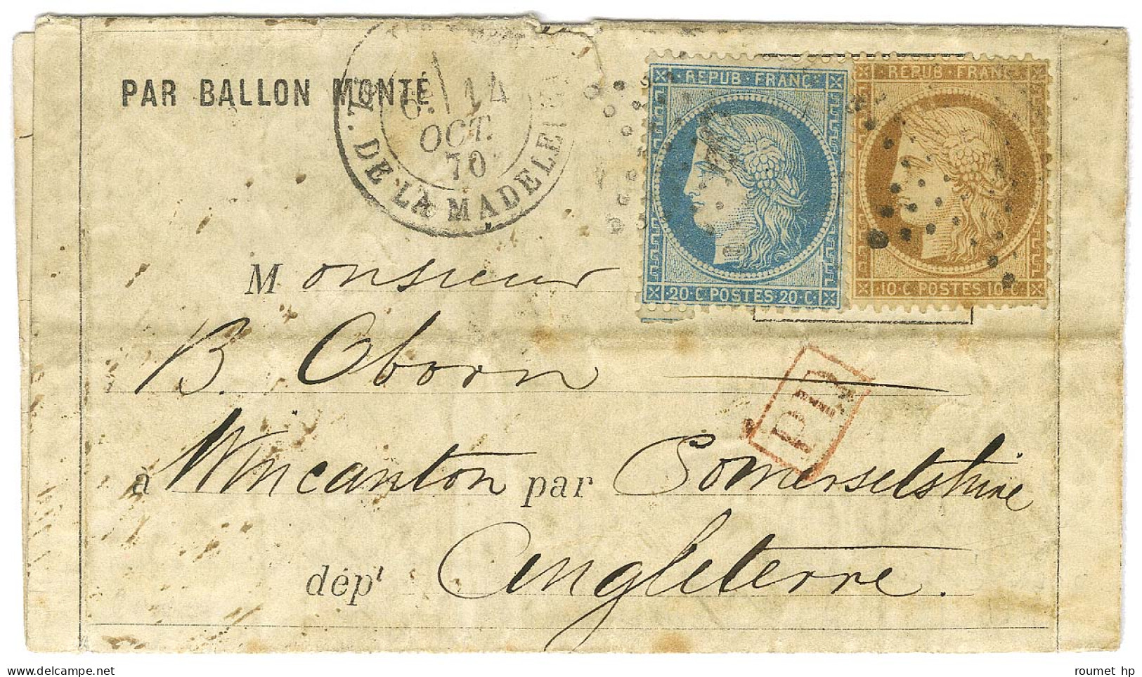 Etoile 3 / N° 36 + 37 Càd PARIS / PL. DE LA MADELEINE 14 OCT. 70 Sur Lettre PAR BALLON MONTE Pour Bath (rare). 1er Jour  - War 1870