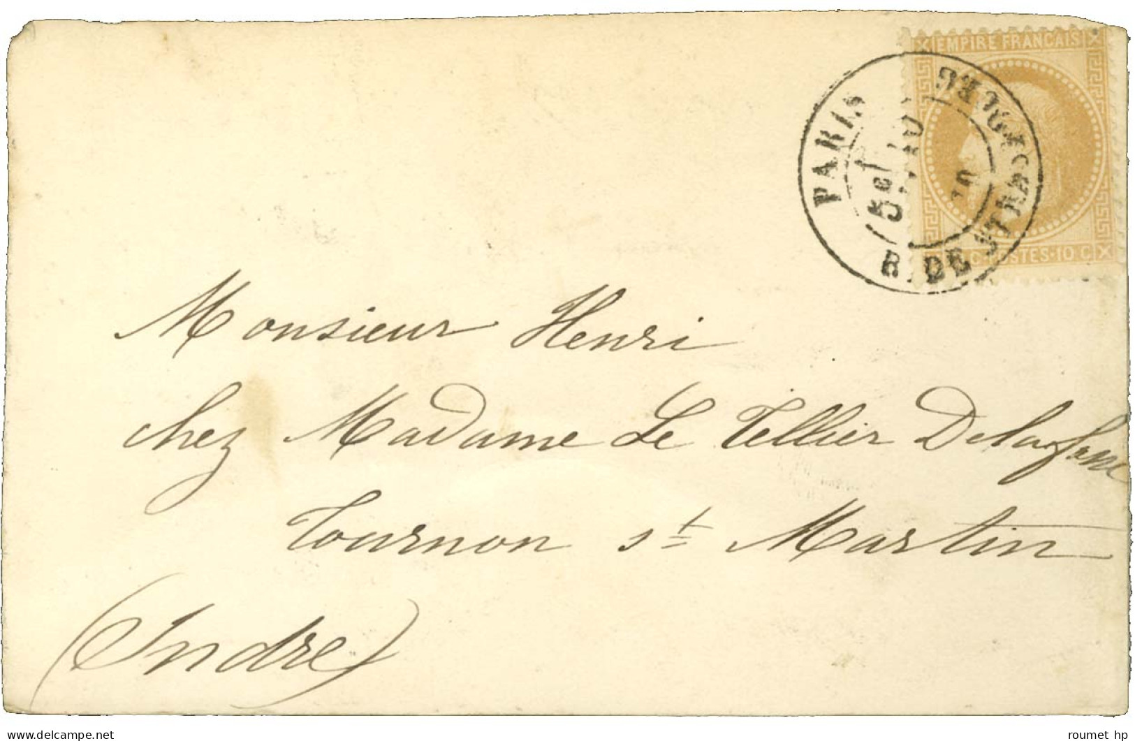 Càd PARIS / R. DE STRASBOURG (rare Oblitération Par Càd) 10 OCT. 70 / N° 28 Sur Carte Pour Tournon St Martin Sans Càd D' - Oorlog 1870