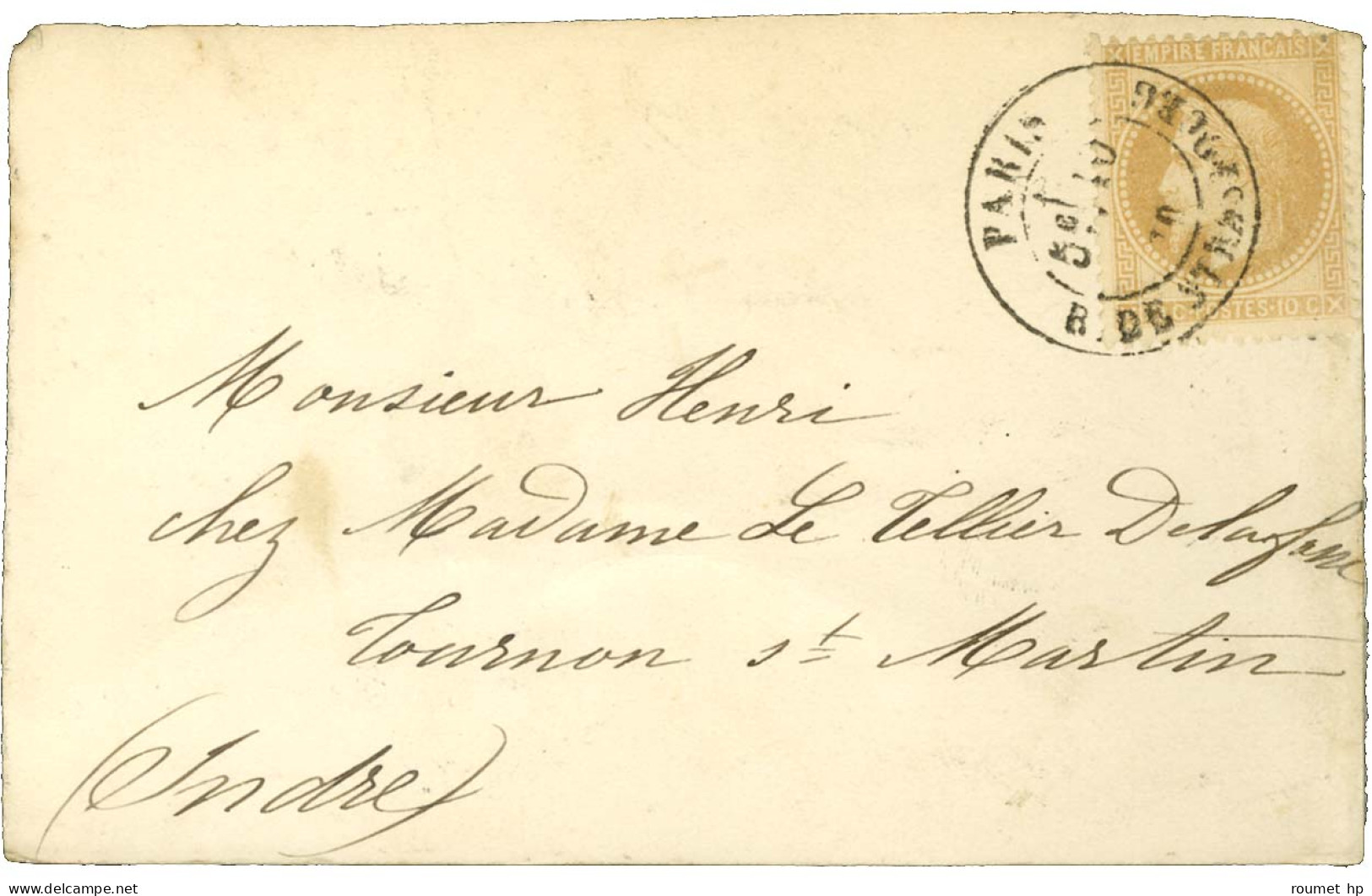 Càd PARIS / R. DE STRASBOURG (rare Oblitération Par Càd) 10 OCT. 70 / N° 28 Sur Carte Pour Tournon St Martin Sans Càd D' - Guerra Del 1870