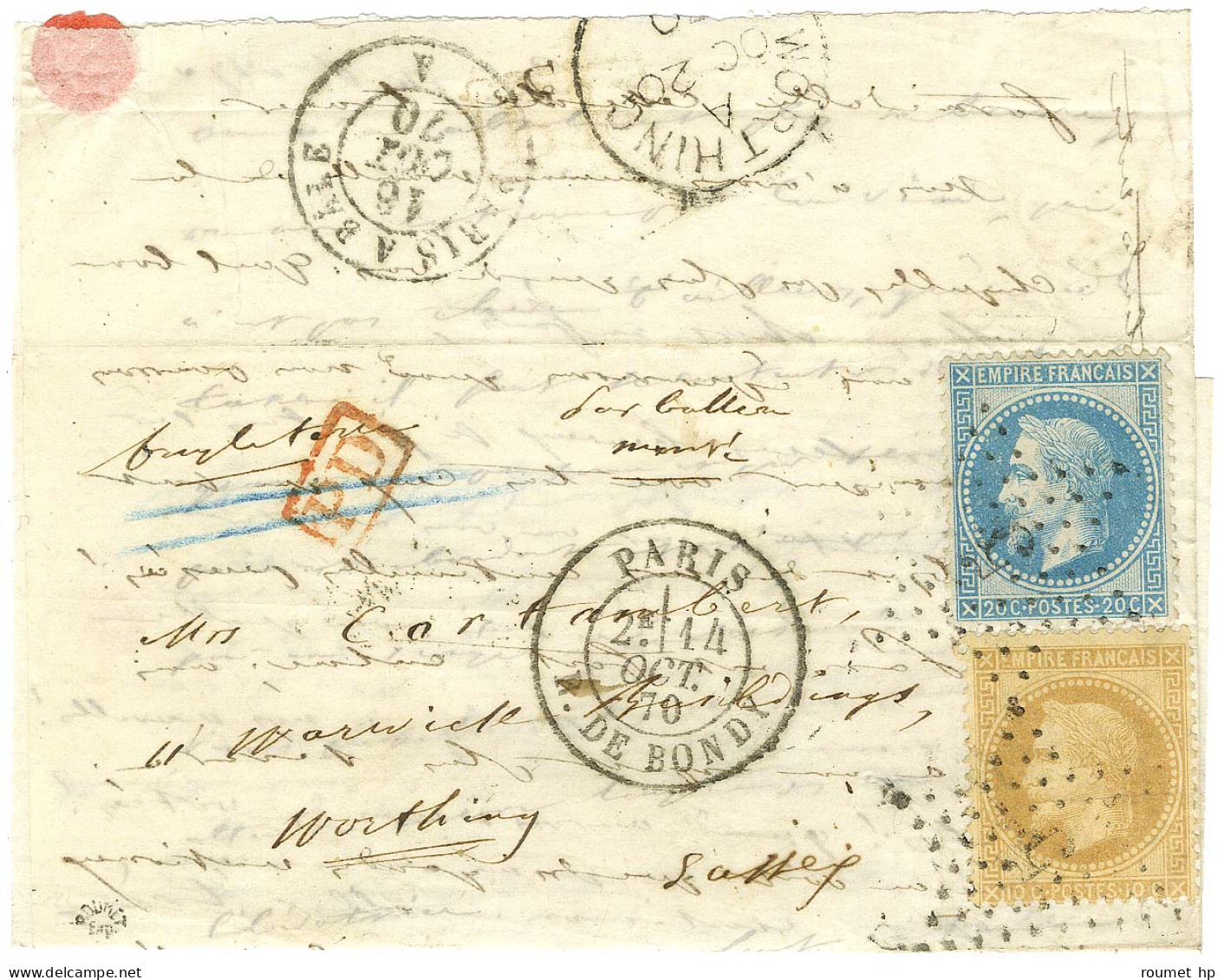 Etoile 5 / N° 28 + N° 29 Càd PARIS / R. DE BONDY 14 OCT. 70 Sur Lettre Pour Worthing, Au Verso Càd PARIS A BÂLE 16 OCT.  - Guerre De 1870