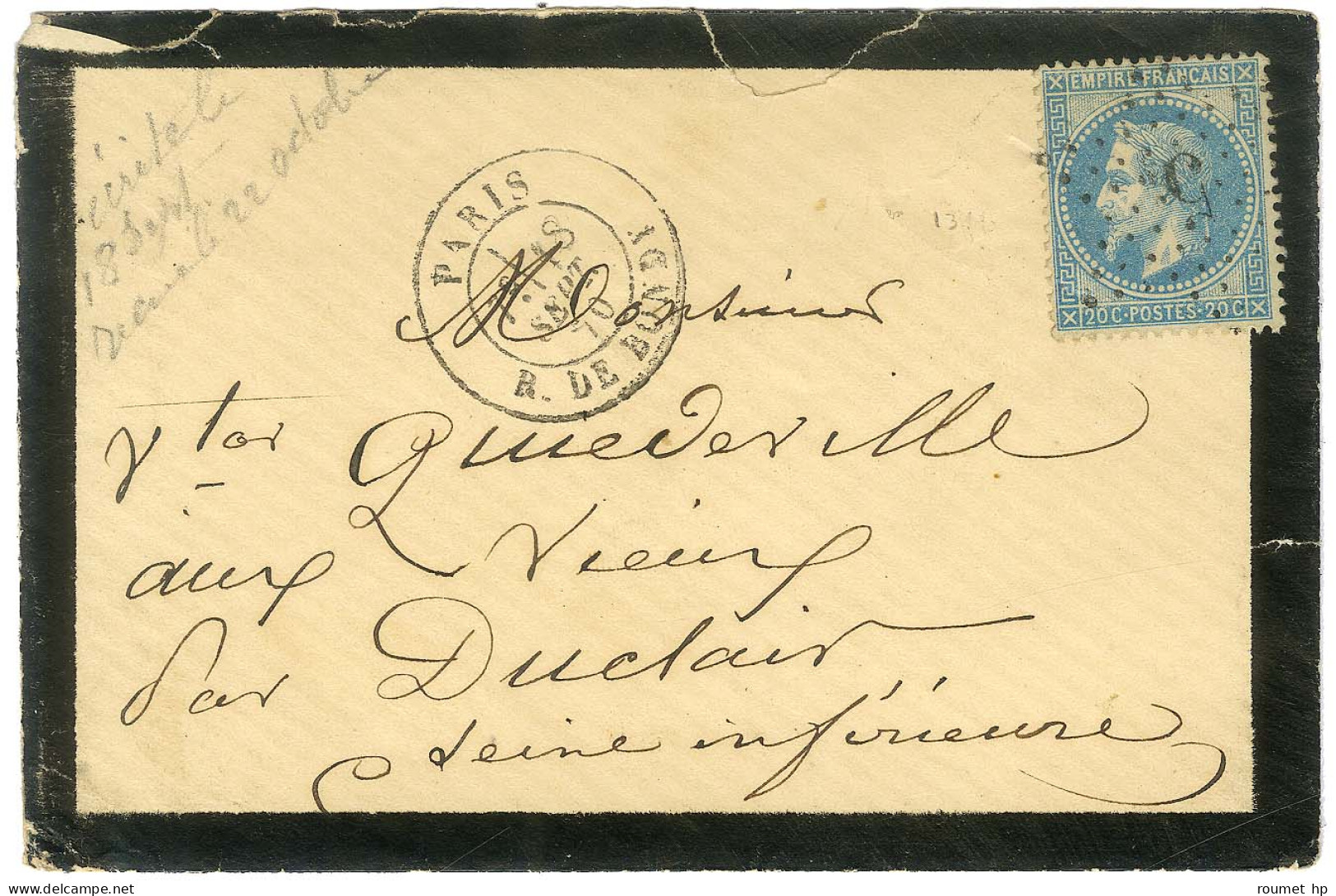 Etoile 5 / N° 29 Càd PARIS / R. DE BONDY 18 SEPT. 70 (7e Levée, Premier Jour Du Siège) Sur Lettre Sans Texte Pour Duclai - War 1870