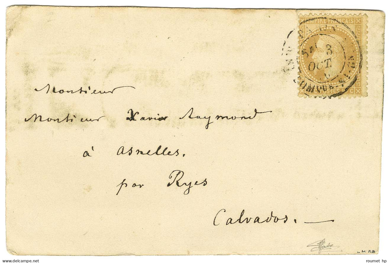 Càd PARIS / R. ST DOMque ST GN (rare Oblitération Par Le Càd) 3 OCT. 70 / N° 28 Sur Carte Pour Ryes. Au Verso, Càd D'arr - Krieg 1870