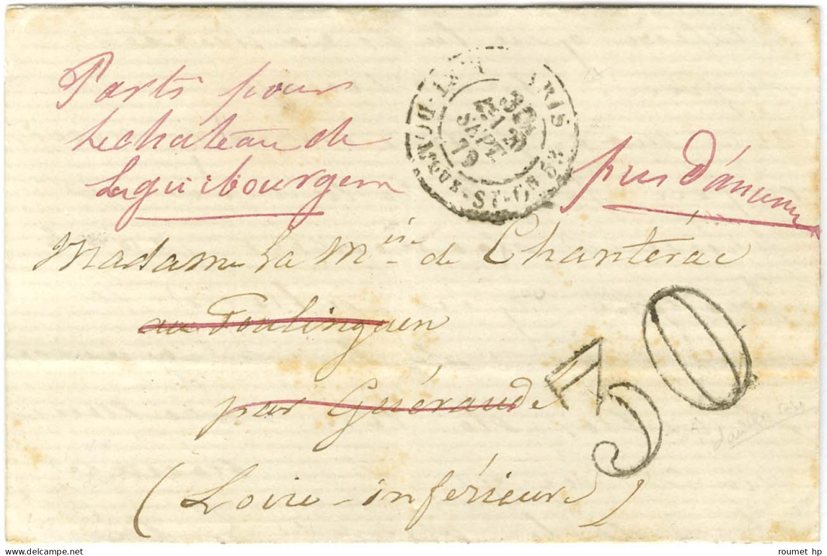 Càd Taxe 30c PARIS / R. ST DOMque ST GN 53 20 SEPT. 70, Taxe 30 DT Sur Lettre Avec Bon Texte Pour Guérande Réexpédiée à  - Krieg 1870