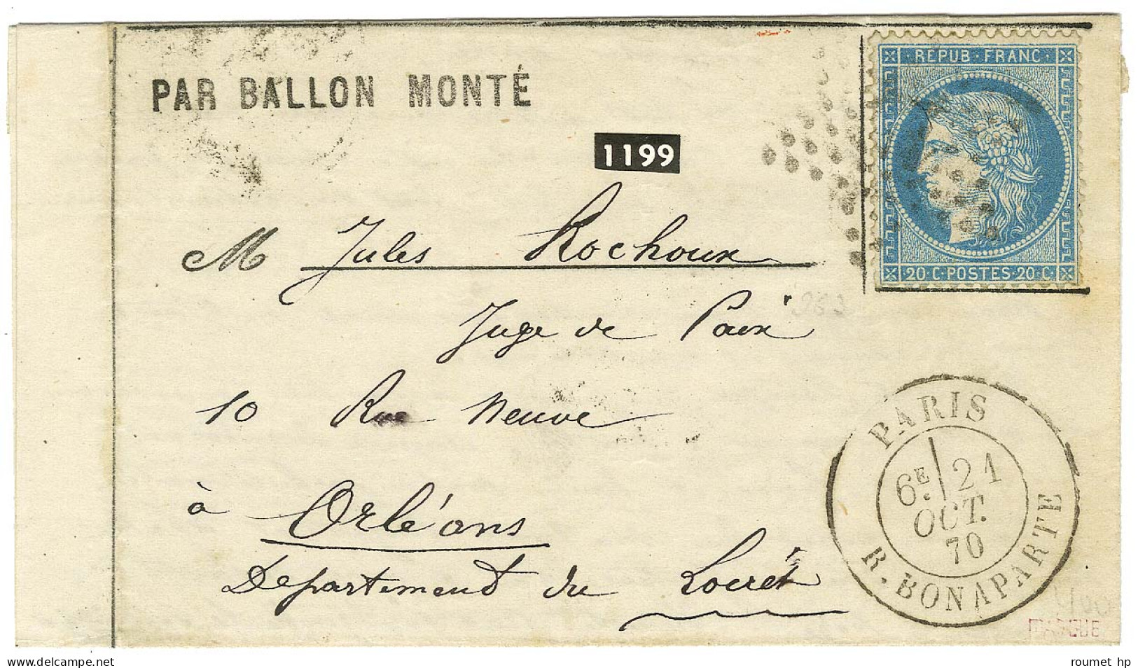 Etoile 15 / N° 37 Càd PARIS / R. BONAPARTE 21 OCT. 70 Sur Lettre PAR BALLON MONTE Pour Orléans. Au Verso, Càd D'arrivée  - War 1870