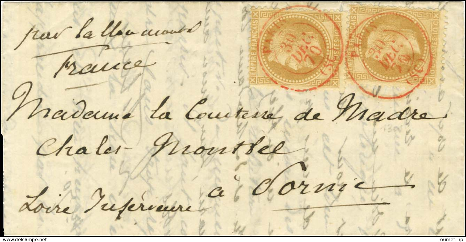 Càd Rouge PARIS (SC) 30 DEC. 70 / N° 28 (2) Sur Lettre Pour Pornic, Au Verso Càd D'arrivée 4 JANV. 71. Exceptionnelle Fr - Guerre De 1870