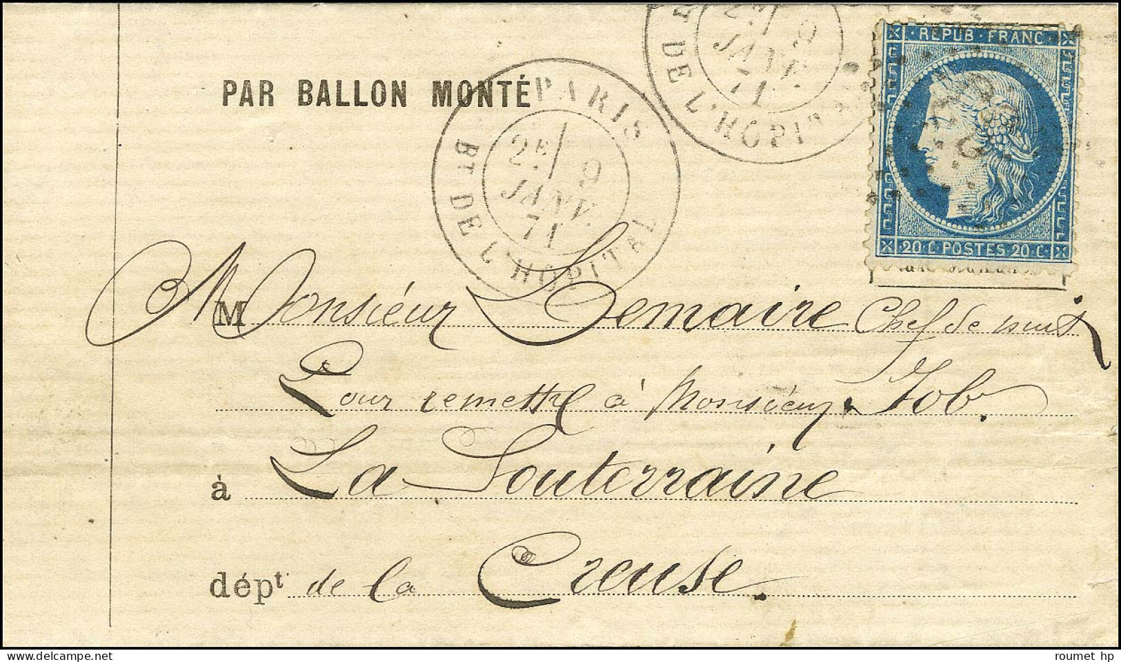 Etoile 33 (rare) / N° 37 Càd PARIS / BT DE L'HOPITAL 9 JANV. 71 Sur Lettre PAR BALLON MONTÉ Pour La Souterraine, Au Vers - Guerre De 1870