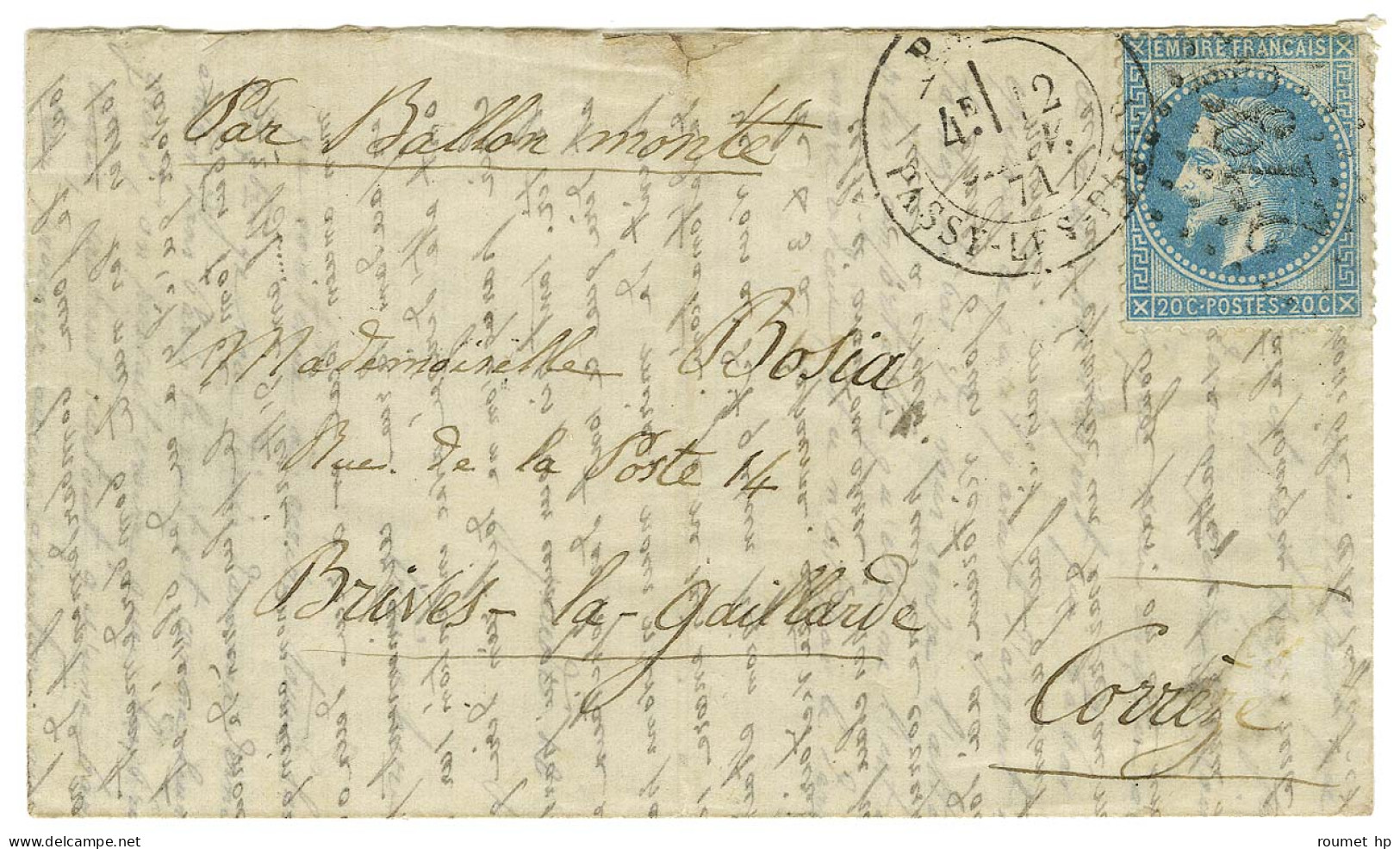 GC 2793 / N° 29 Càd PARIS / PASSY-LES-PARIS 12 JANV. 71 Sur Lettre Pour Brive La Gaillarde (Corrèze). Au Verso, Càd D'ar - War 1870