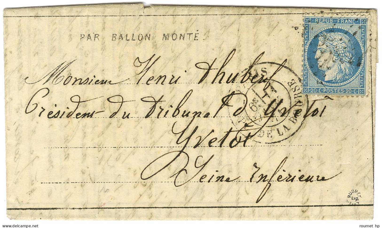 Etoile 1 / N° 37 Càd PARIS / PL. DE LA BOURSE 11 JANV. 71 Sur Dépêche-ballon N° 22 Pour Yvetot Sans Càd D'arrivée. LE GÉ - Krieg 1870