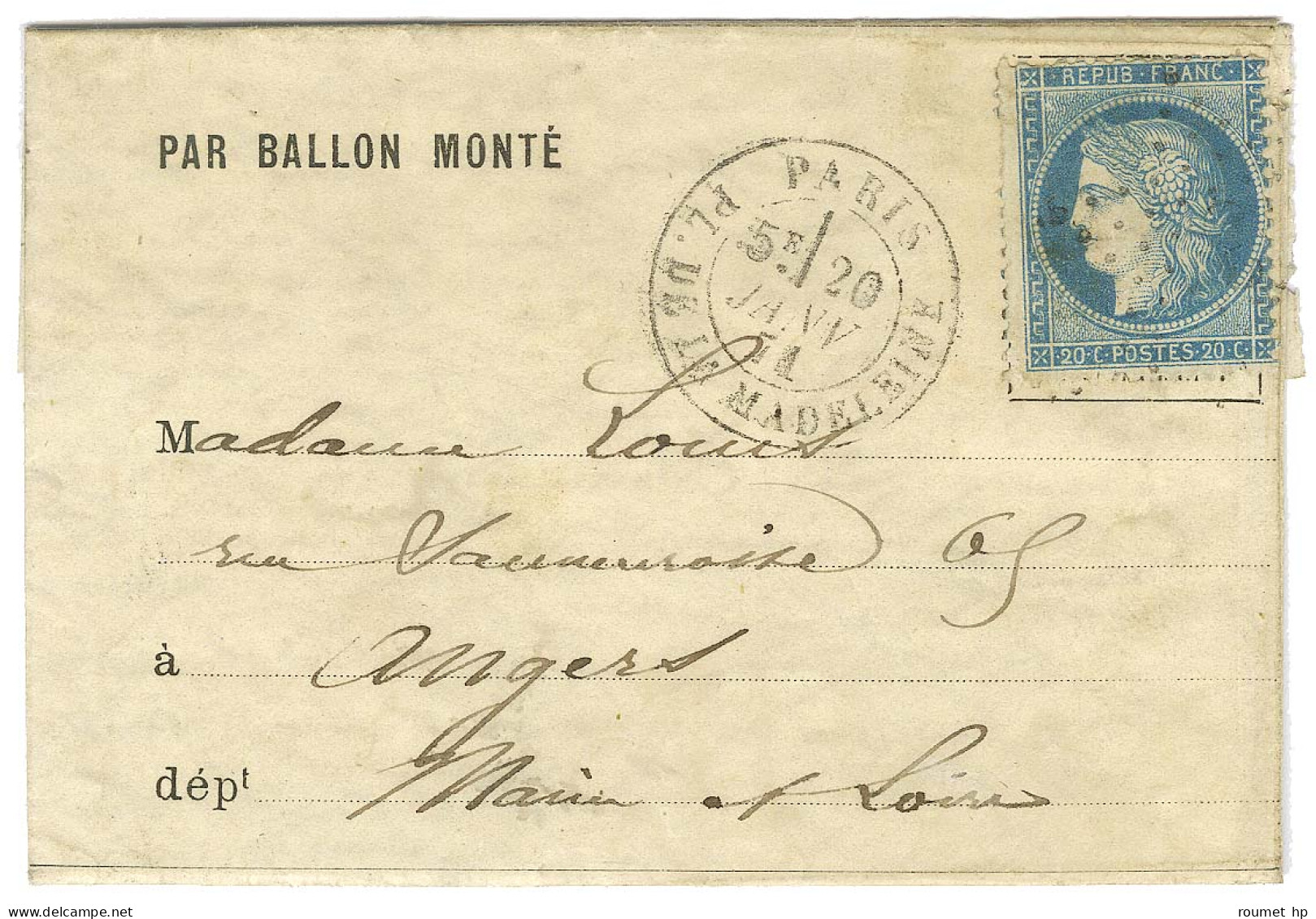 Etoile 3 / N° 37 Càd PARIS / PL. DE LA MADELEINE 20 JANV. 71 Sur Lettre PAR BALLON MONTÉ Pour Angers, Au Verso Càd D'arr - Krieg 1870
