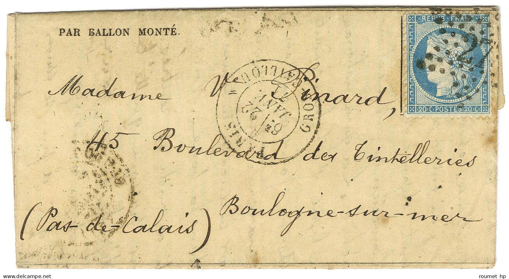 Etoile 27 (rare) / N° 37 Càd PARIS / GROS-CAILLOU 22 JANV. 71 Sur Gazette Des Absents N° 30 Pour Boulogne Sur Mer, Au Ve - War 1870