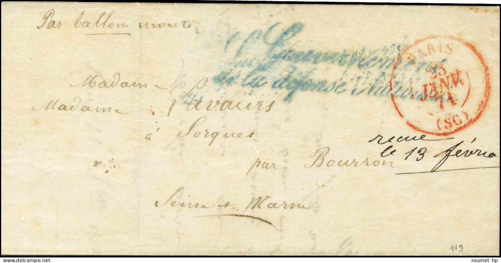 Lettre En Franchise Avec Rarissime Griffe Bleue ' Gouvernement / De La Défense Nationale ' Et Càd Rouge PARIS (SC) 23 JA - War 1870