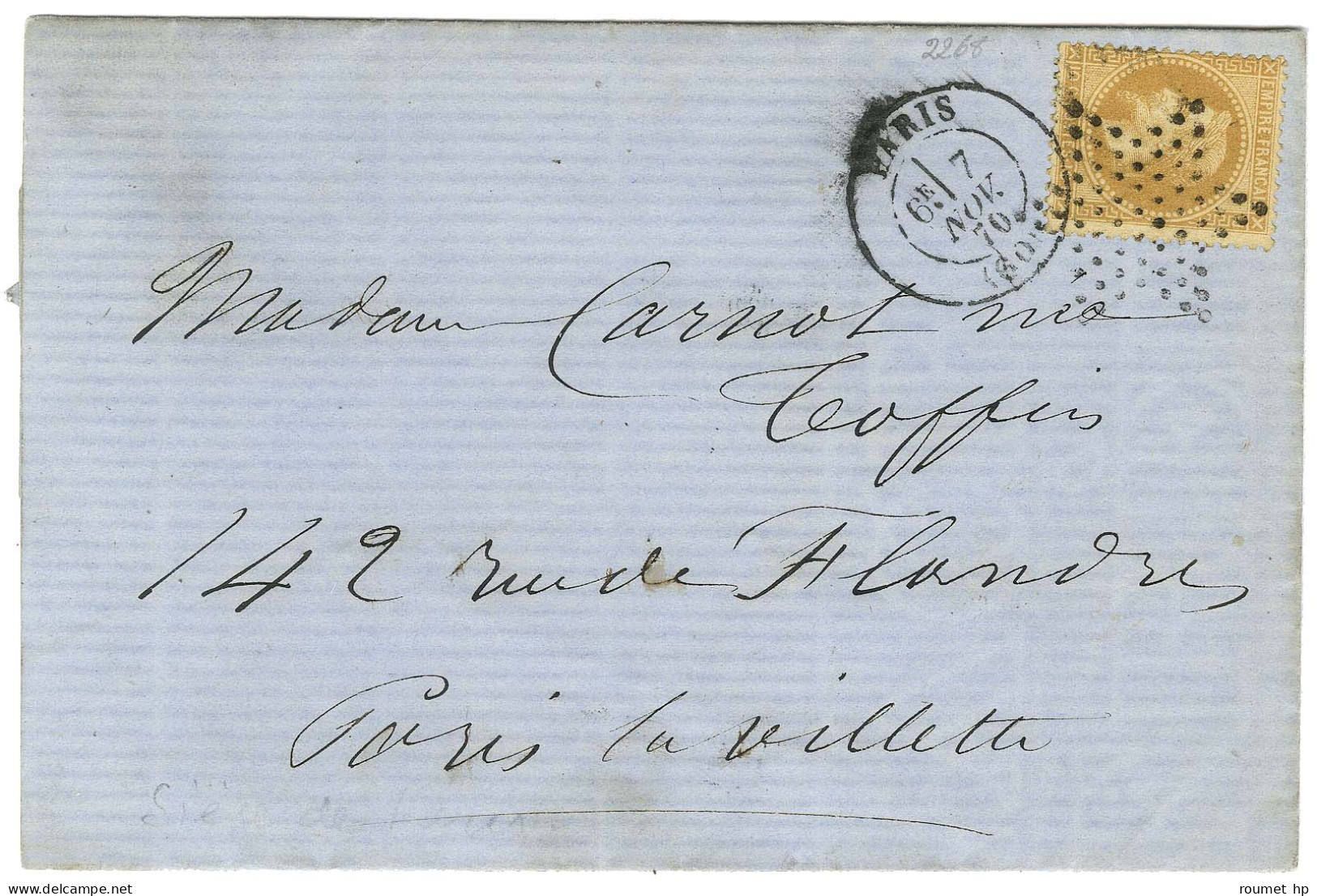 Etoile / N° 28 Càd PARIS (60) 7 NOV. 70 (6e) Sur Lettre Avec Texte Pour La Villette (intra-muros). Au Verso Càd PARIS /  - War 1870