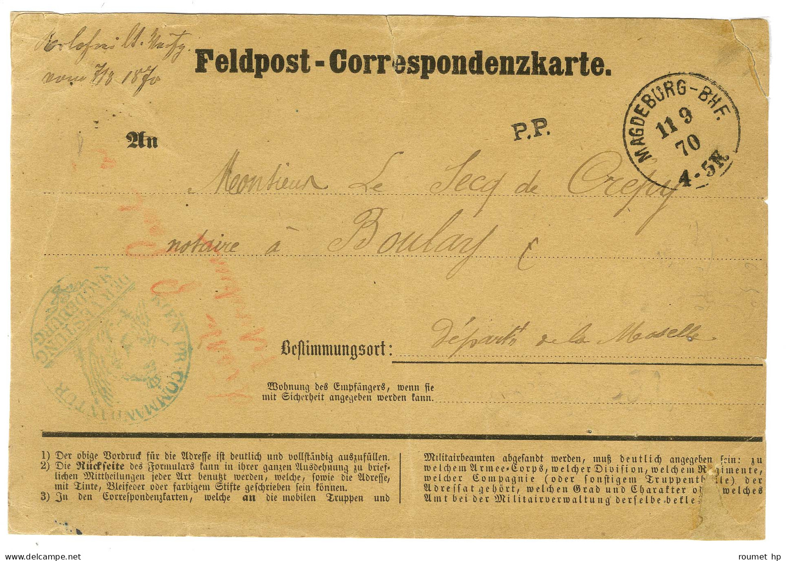 Càd MAGDEBURG-BHF + P.P. Sur Carte De Correspondance Pour Boulay. 1870. - TB. - Krieg 1870