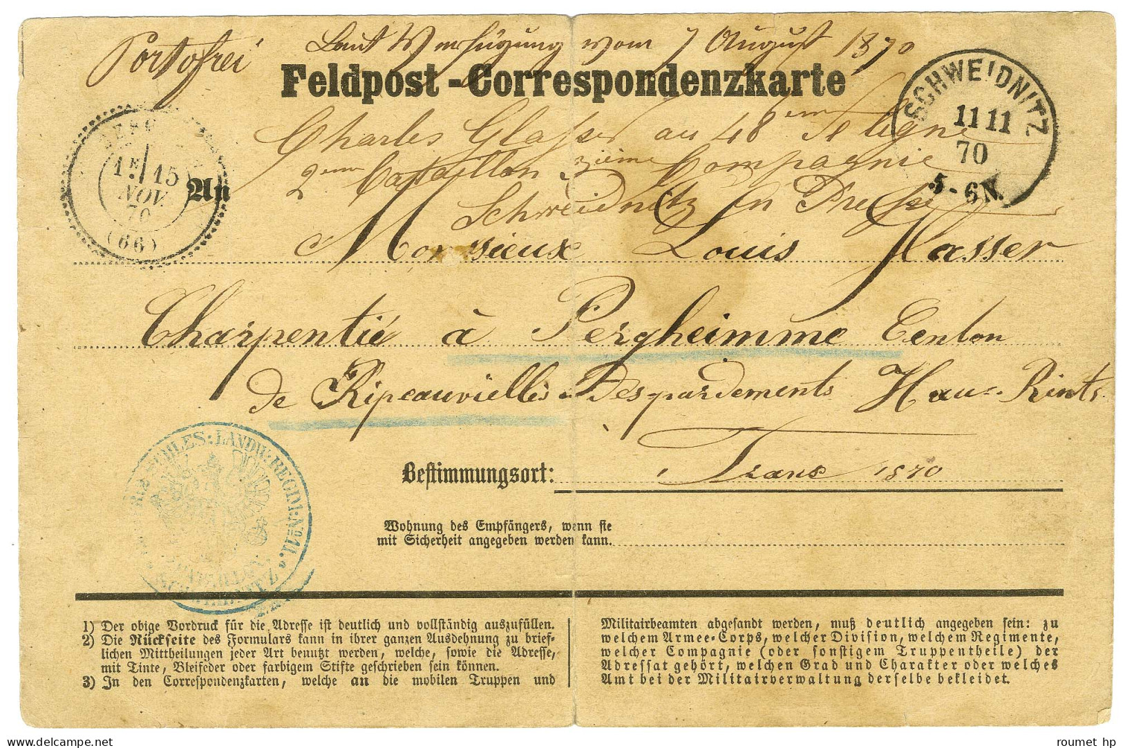 Càd SCHWEIDNITZ Sur Carte De Correspondance Pour Bergheim. 1870. - TB. - Krieg 1870