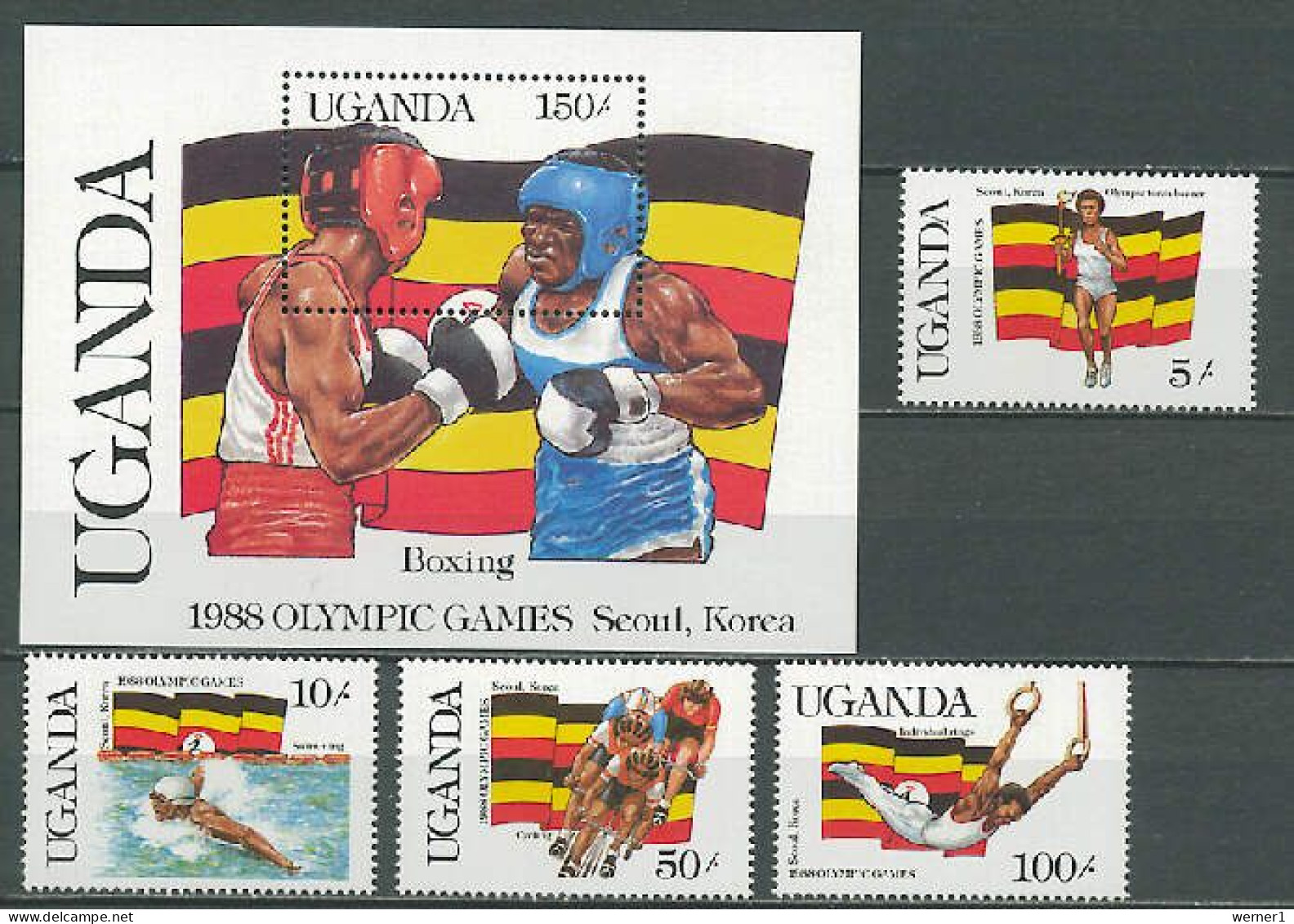 Uganda 1987 Olympic Games Seoul, Boxing, Swimming, Cycling Etc. Set Of 4 + S/s MNH - Sommer 1988: Seoul