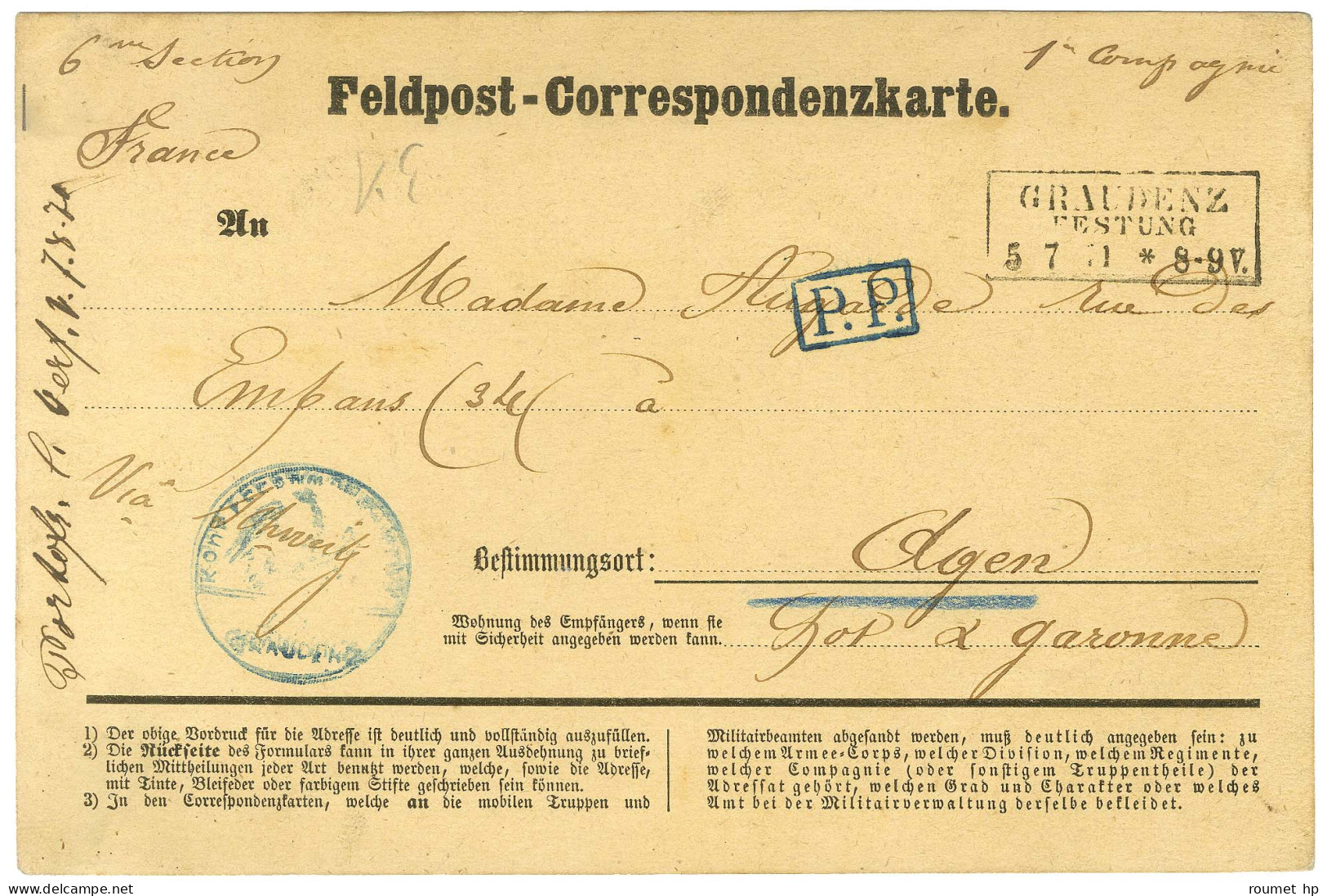 Càd GRAUDENZ + P.P. Bleu Sur Carte De Correspondance Pour Agen. 1871. - TB / SUP. - War 1870