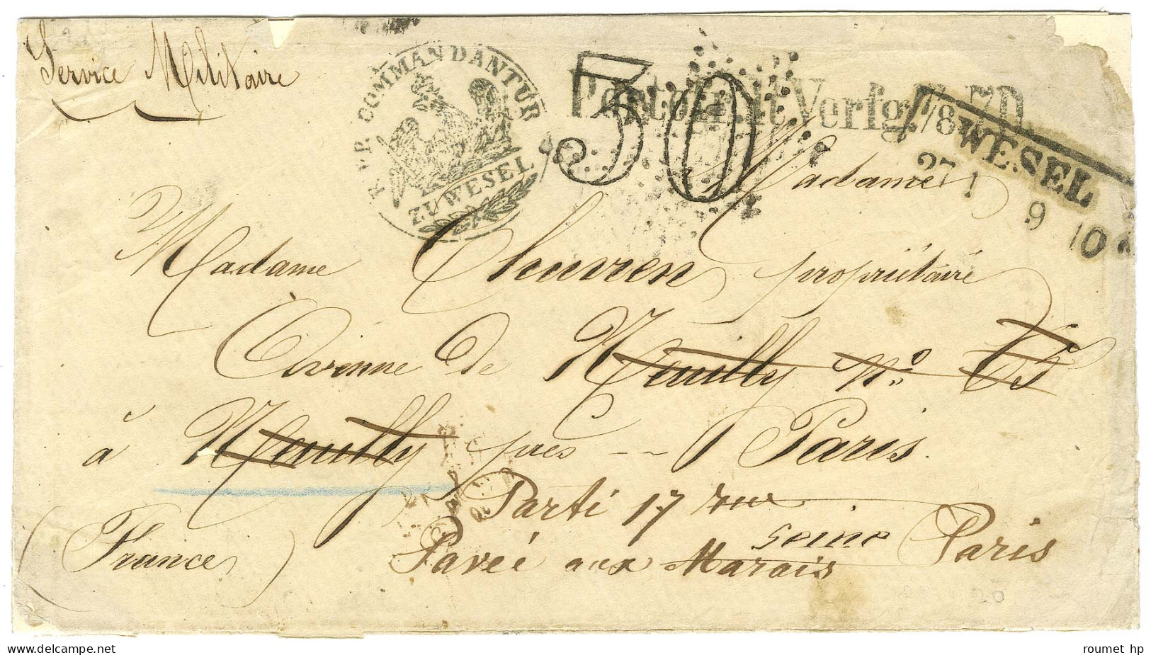 Càd WESEL Sur Lettre Avec Texte D'un Prisonnier Pour Paris, Au Recto Taxe 30 DT Annulée étoile. 1871. - TB. - Krieg 1870