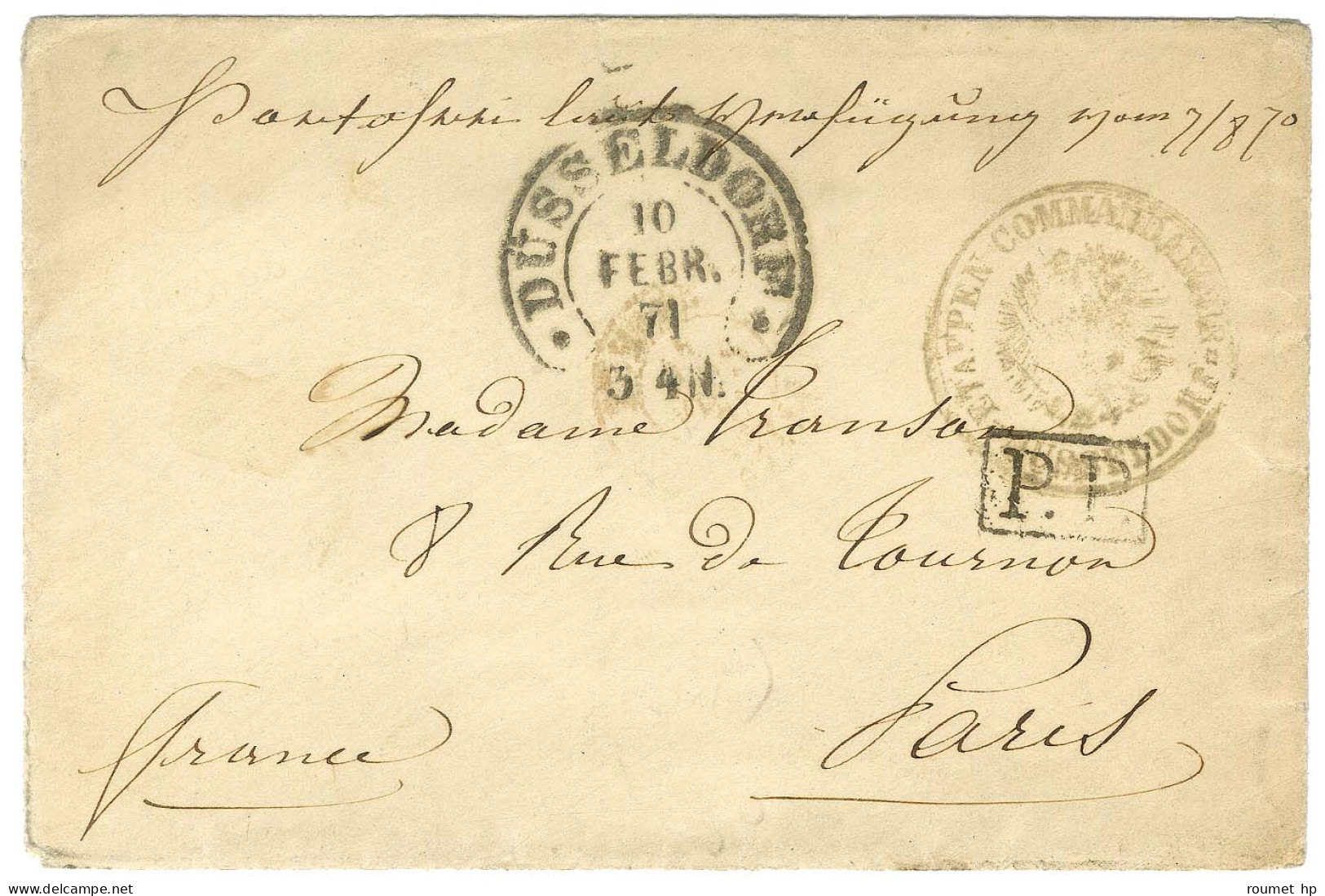 Càd DUSSELDORF + P.P. Sur Lettre De Prisonnier Pour Paris. 1871. - TB. - Krieg 1870