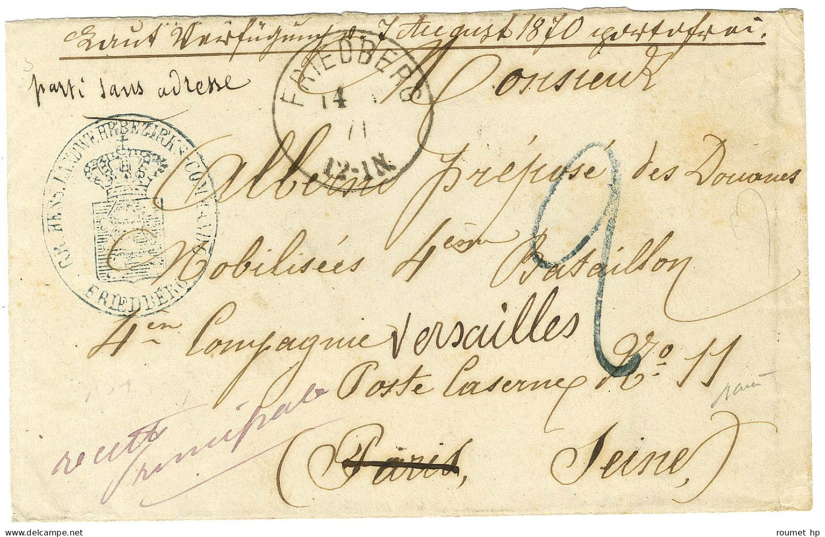 Càd FRIEDBERG Sur Lettre De Prisonnier Pour Paris, Au Recto Taxe Tampon 2 Bleue. 1871. - TB. - Oorlog 1870