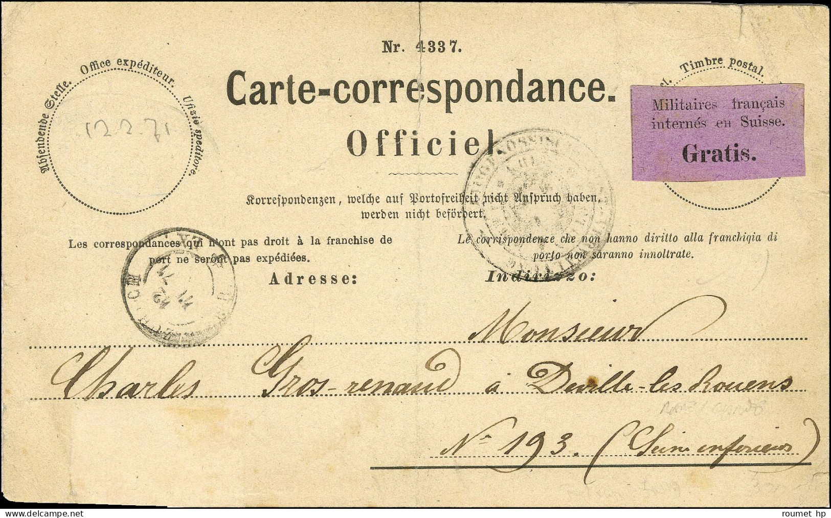 Carte De Correspondance Avec Texte Daté De Zurich Pour Rouen, Au Recto étiquette ' Militaires Français / Internés En Sui - War 1870