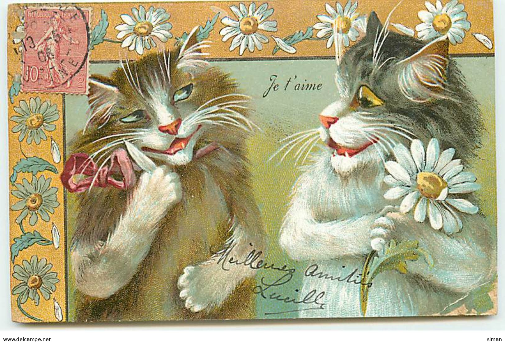 N°20566 - Maurice Boulanger - Chats Humanisés - Je T'aime - Effeuillage De Marguerite - 1900-1949