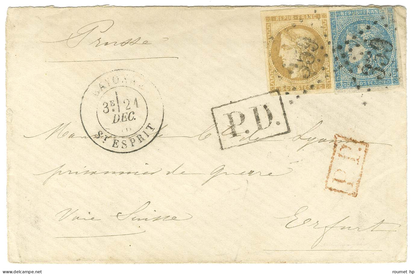 GC 359 / N° 43 + N° 46 (filet Effleuré) Càd BAYONNE / ST ESPRIT Sur Lettre Pour Un Prisonnier De Guerre à Erfurt Par La  - Guerre De 1870