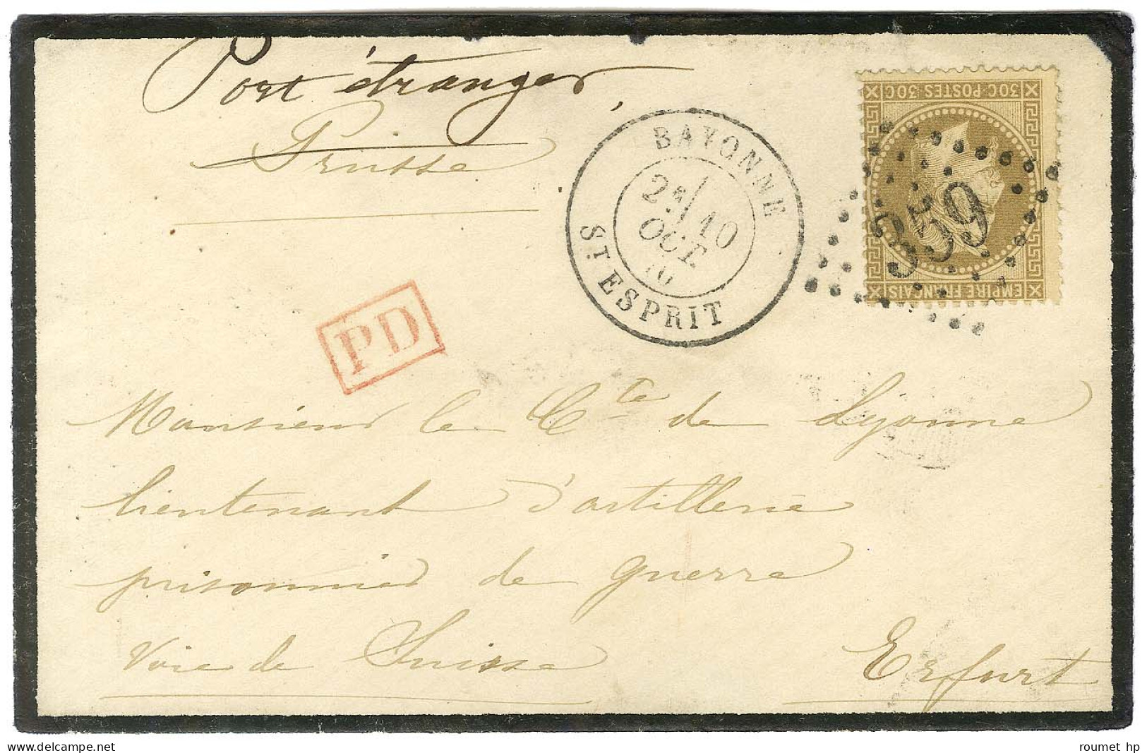 GC 359 / N° 30 Càd BAYONNE / ST ESPRIT Sur Lettre Pour Un Prisonnier De Guerre à Erfurt Par La Voie De Suisse. 1870. - T - War 1870