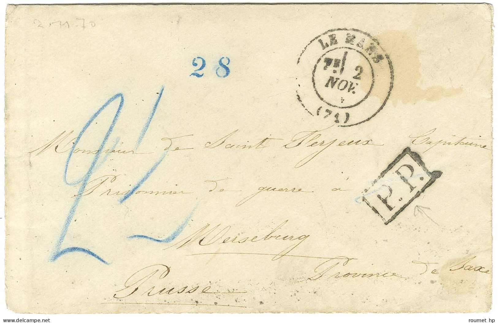 Càd T 17 LE MANS (71) + P.P. Sur Lettre Adressée à Un Prisonnier De Guerre En Prusse, Au Recto Taxe 2 1/2 Au Crayon Bleu - Krieg 1870