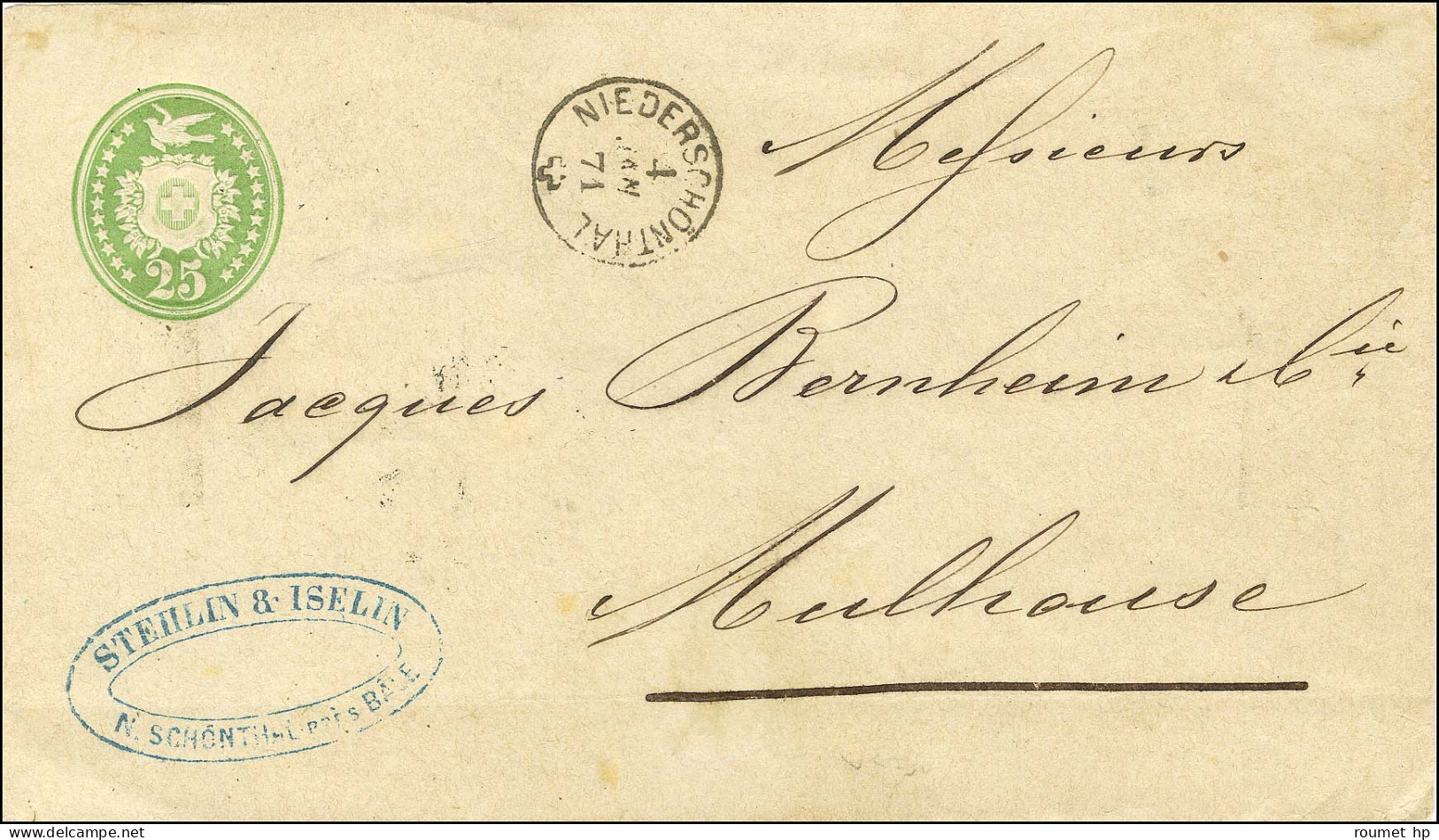 Càd NIEDERSCHONTHAL / Entier Suisse 25c Pour Mulhouse, Au Verso Griffe De Censure Bleue ' Auf Militärischen / Befehl Ang - Oorlog 1870